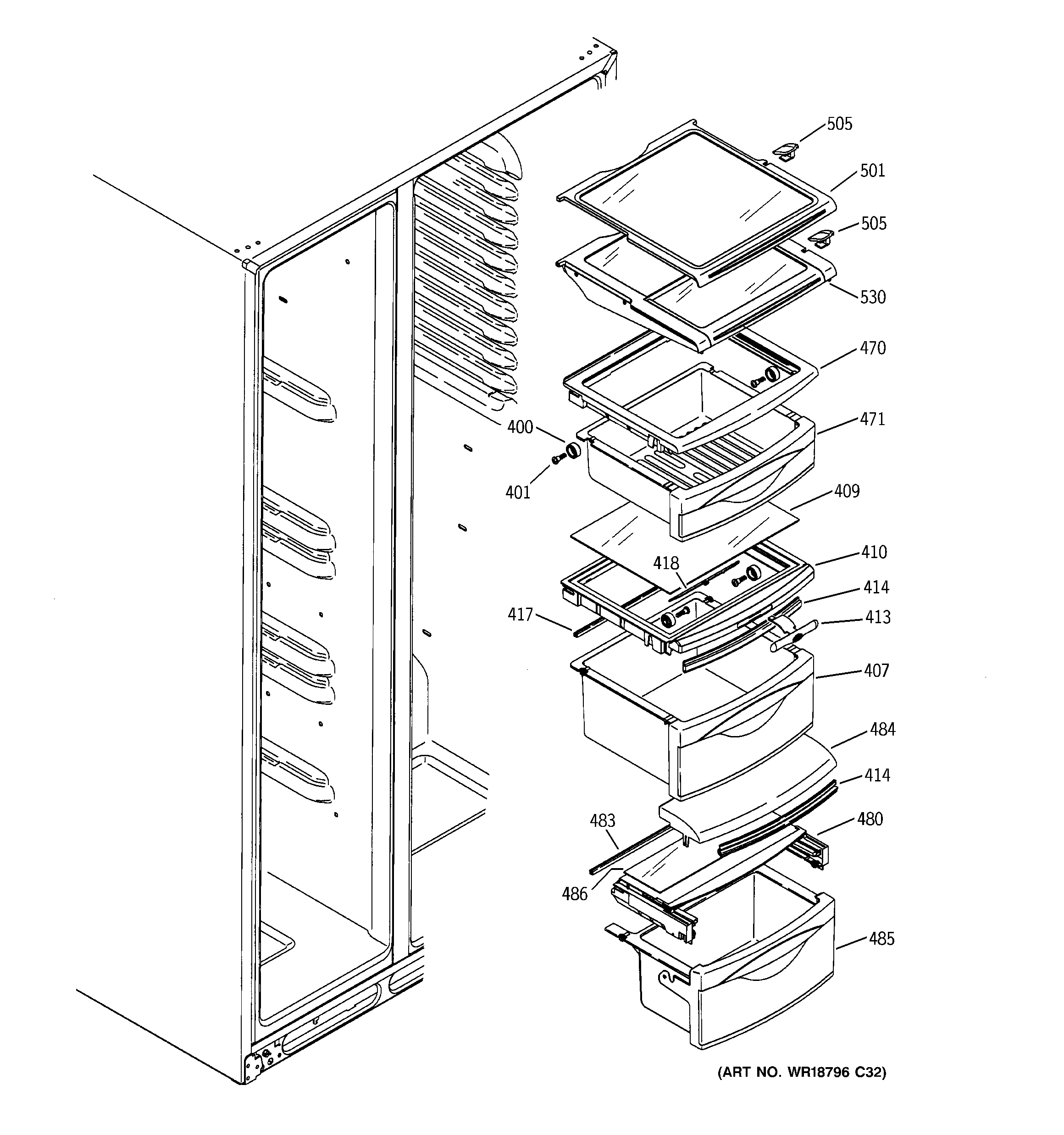 GE GSS25KSWASS fresh food shelves diagram