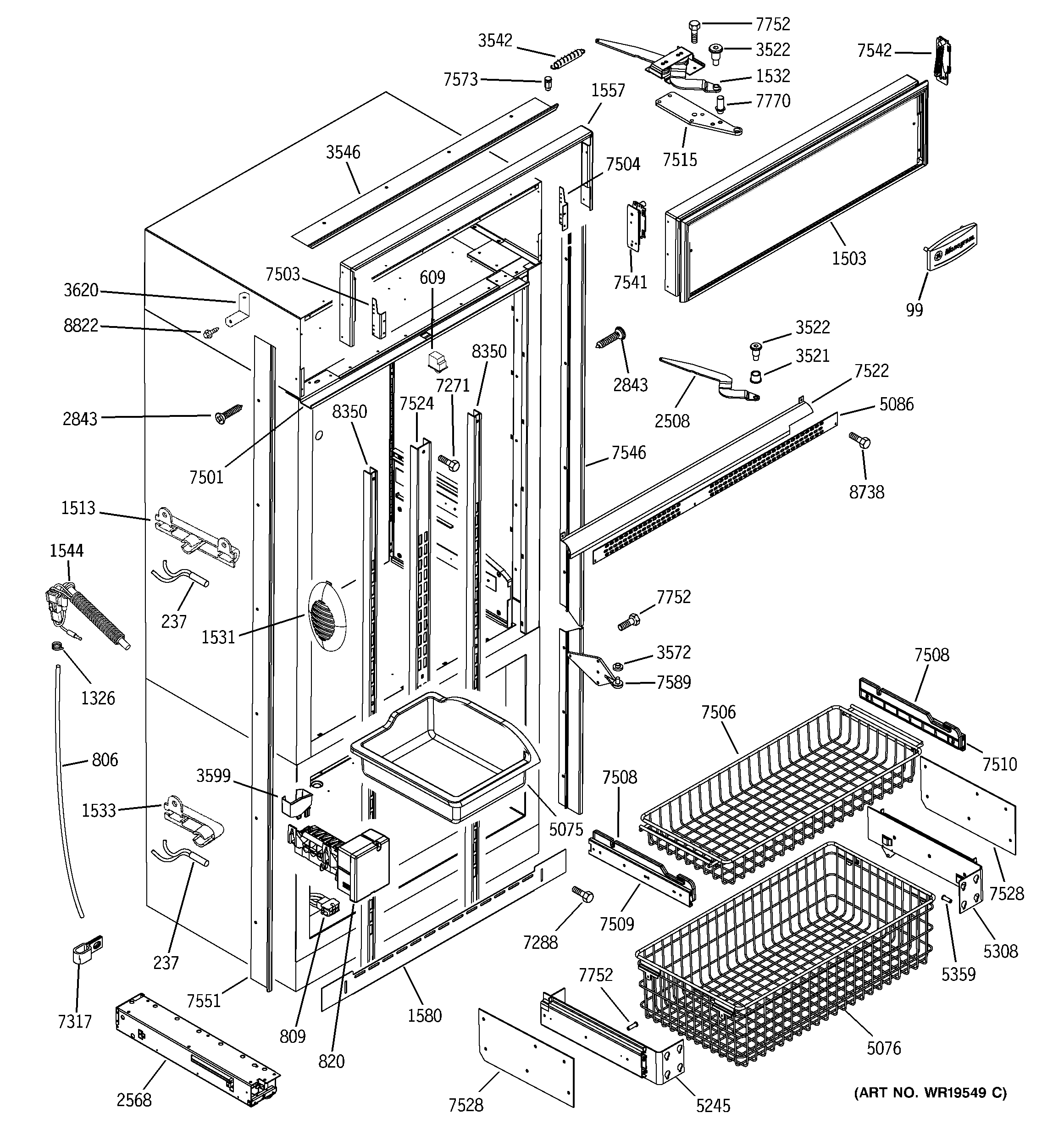 GE ZIC360NRERH freezer section, trim & components diagram