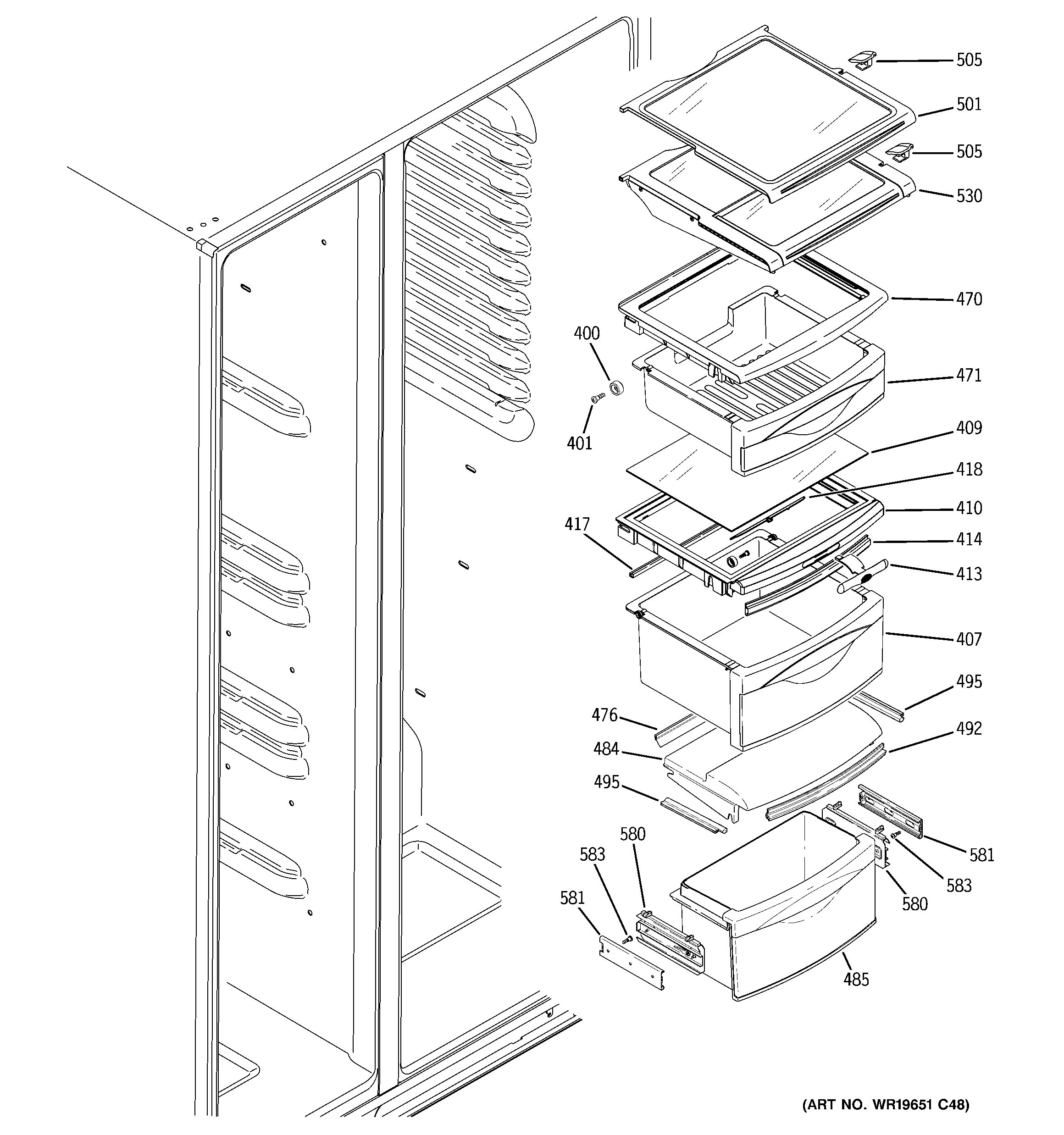 GE GCF23KGWABB fresh food shelves diagram