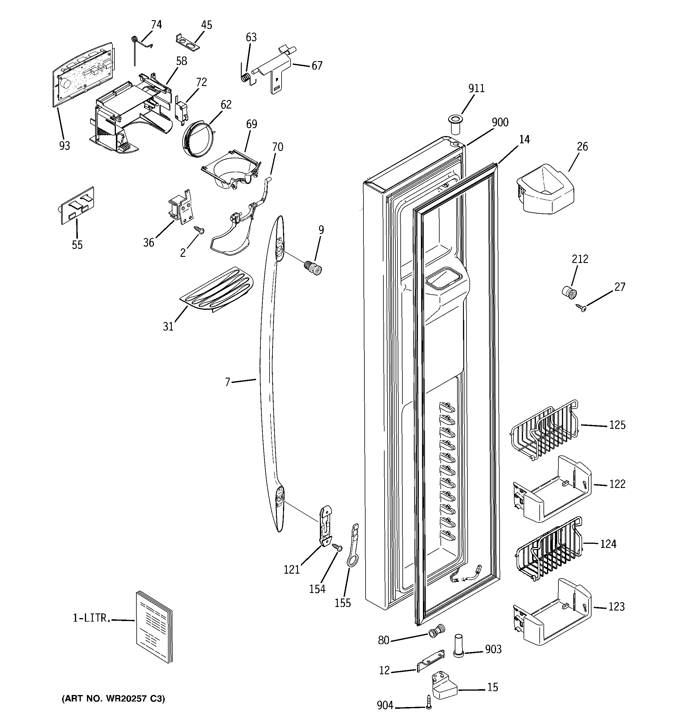 GE PCF23RGWAWW freezer door diagram
