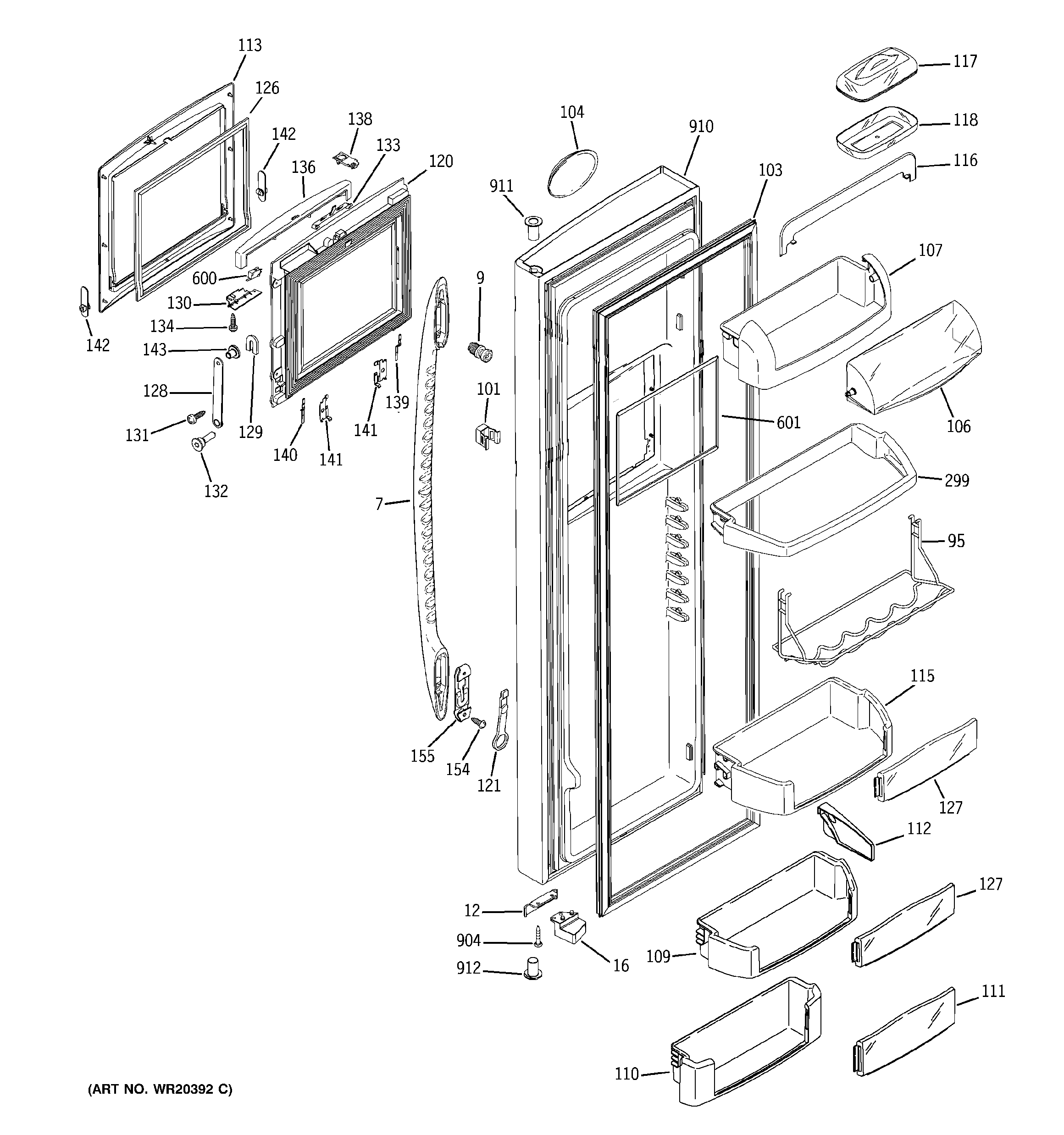 GE PCK23NHWGFCC fresh food door diagram
