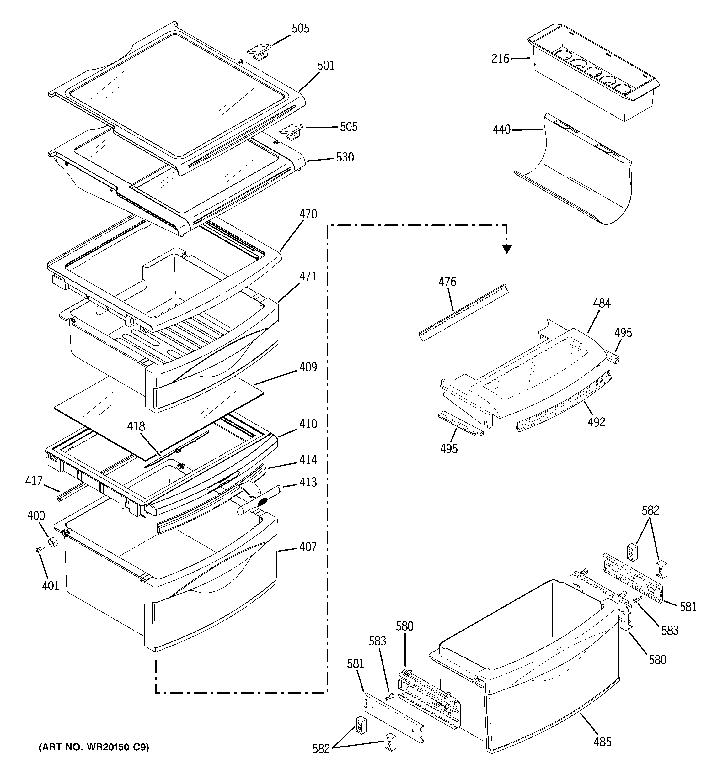 GE PSK27MHWGCCC fresh food shelves diagram