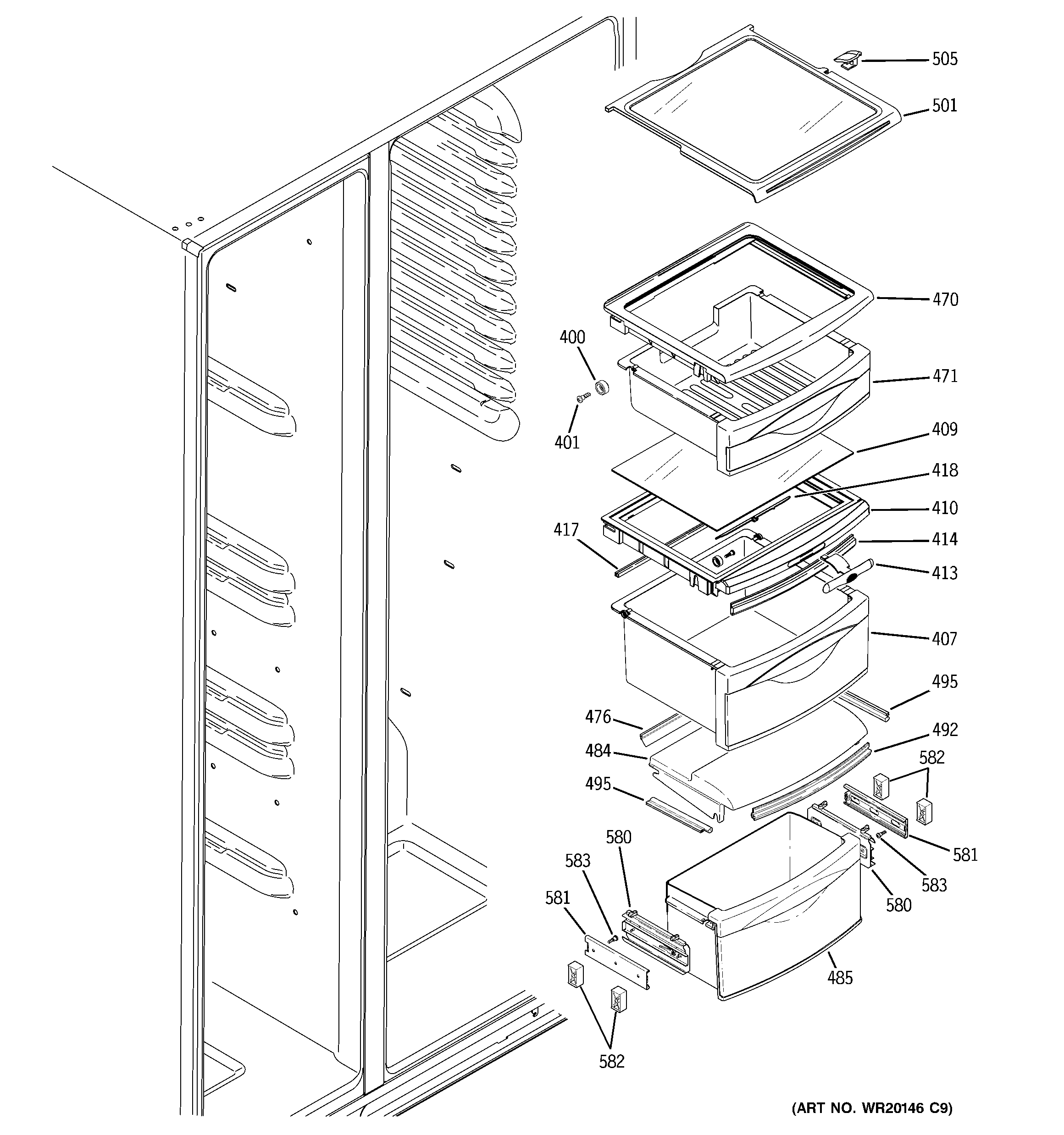 GE GSC22QGTIBB fresh food shelves diagram
