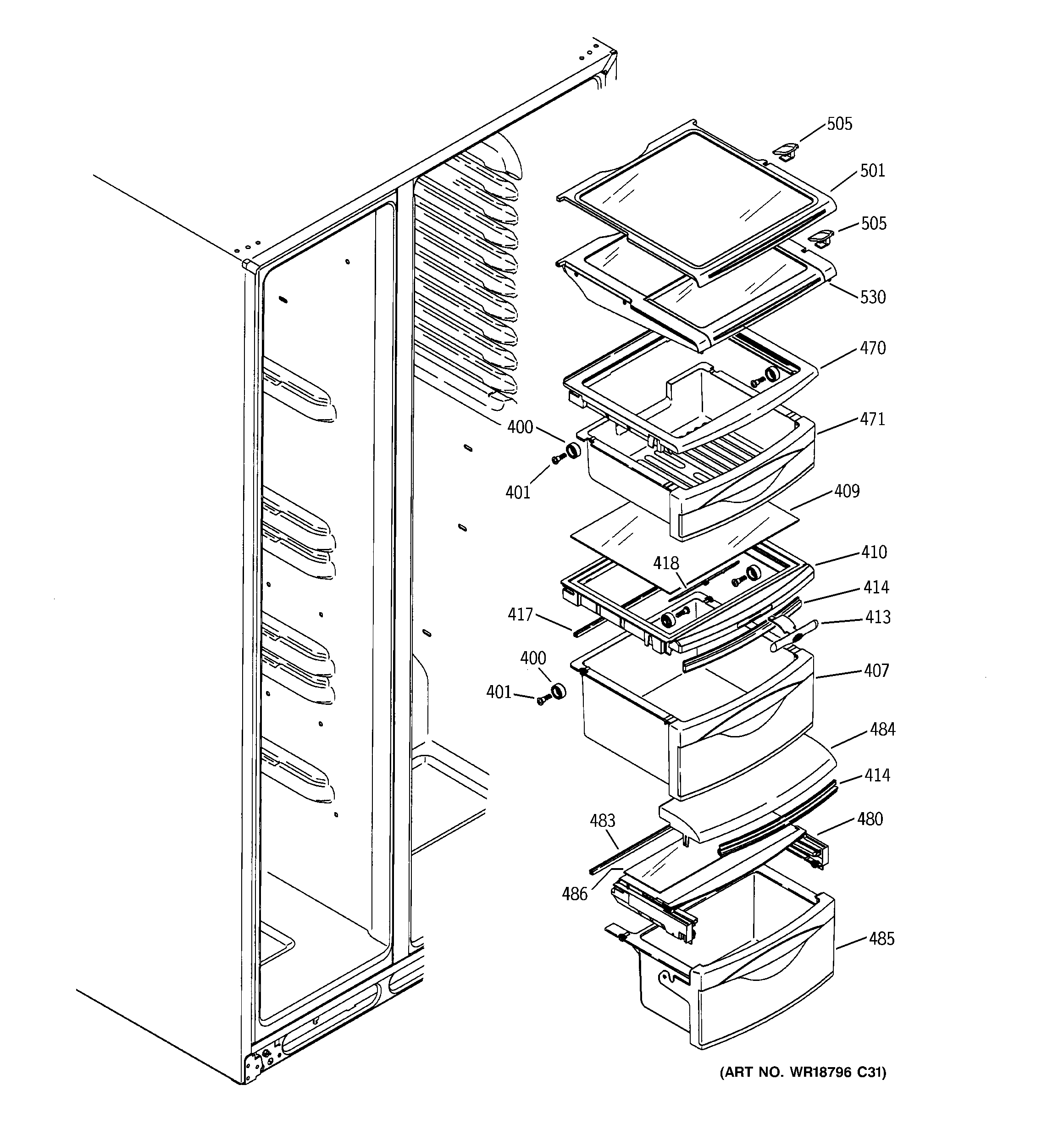 GE GSHS5PGXCESS fresh food shelves diagram