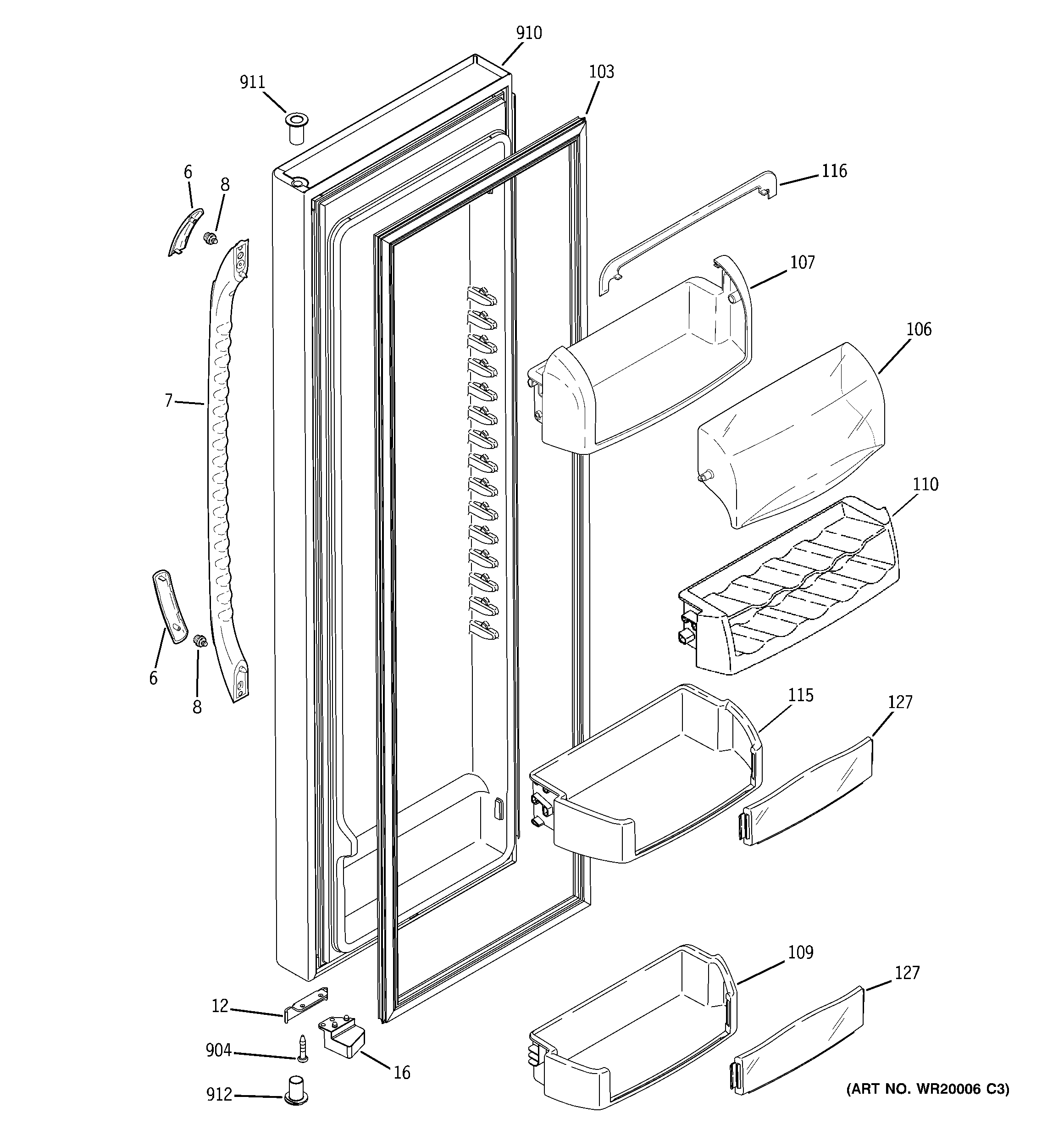 GE GSF25TGWABB fresh food door diagram