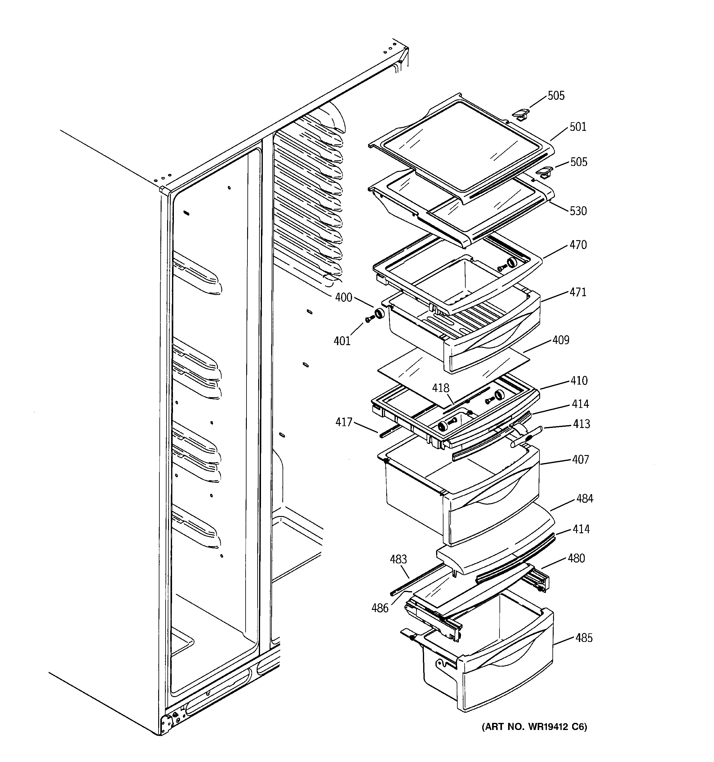 GE PSSF3RGXABB fresh food shelves diagram