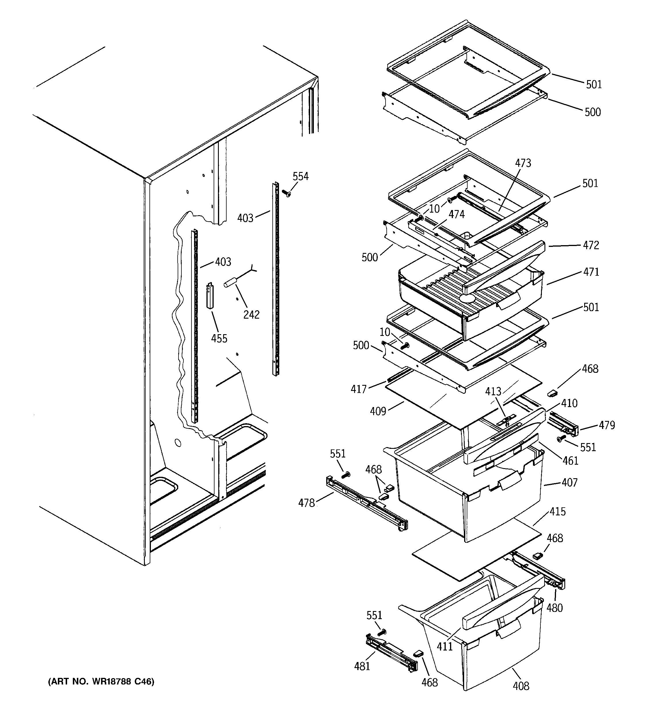 GE SSH25KFXHWW fresh food shelves diagram
