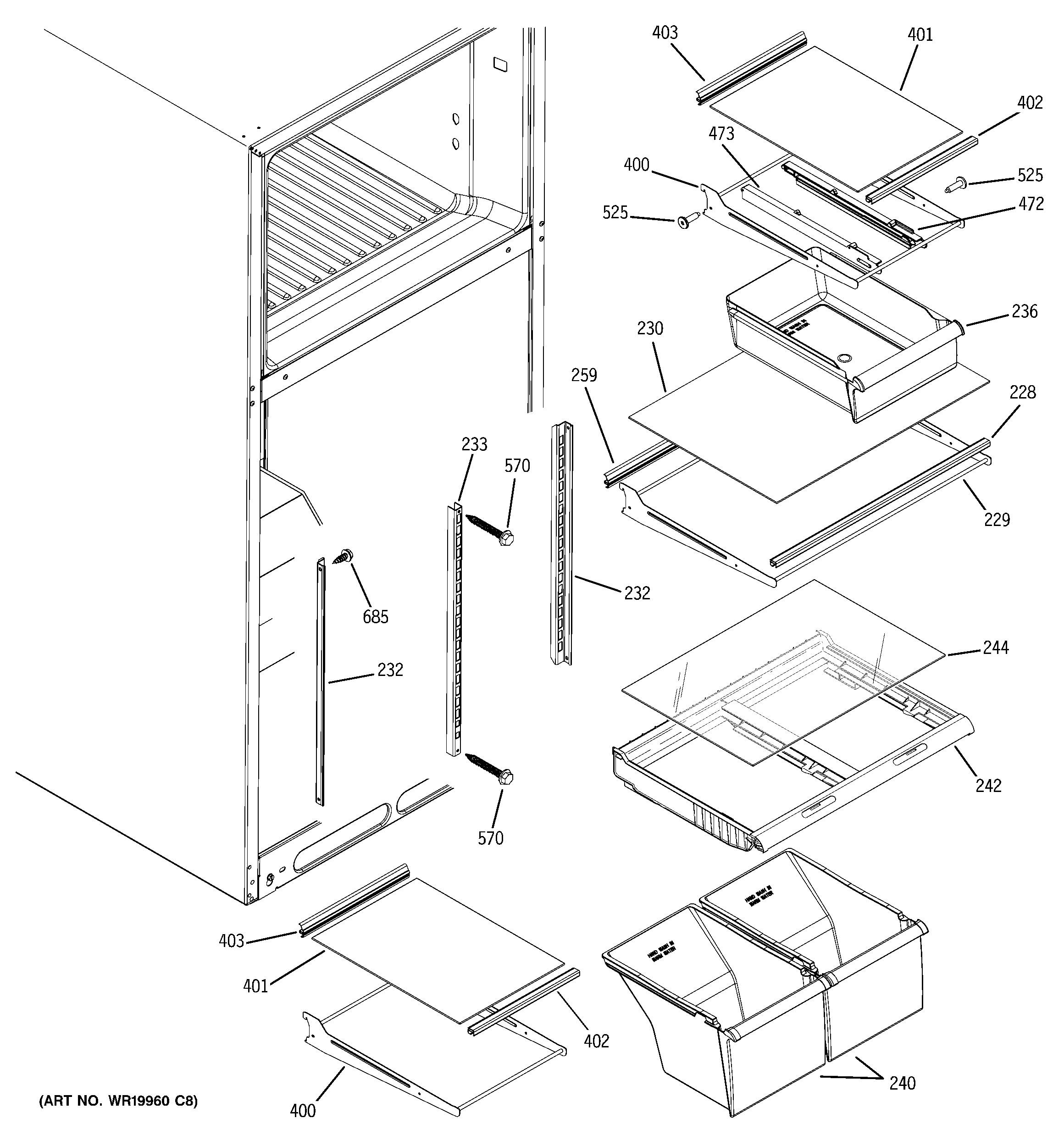 GE GTK18ICXARBS fresh food shelves diagram