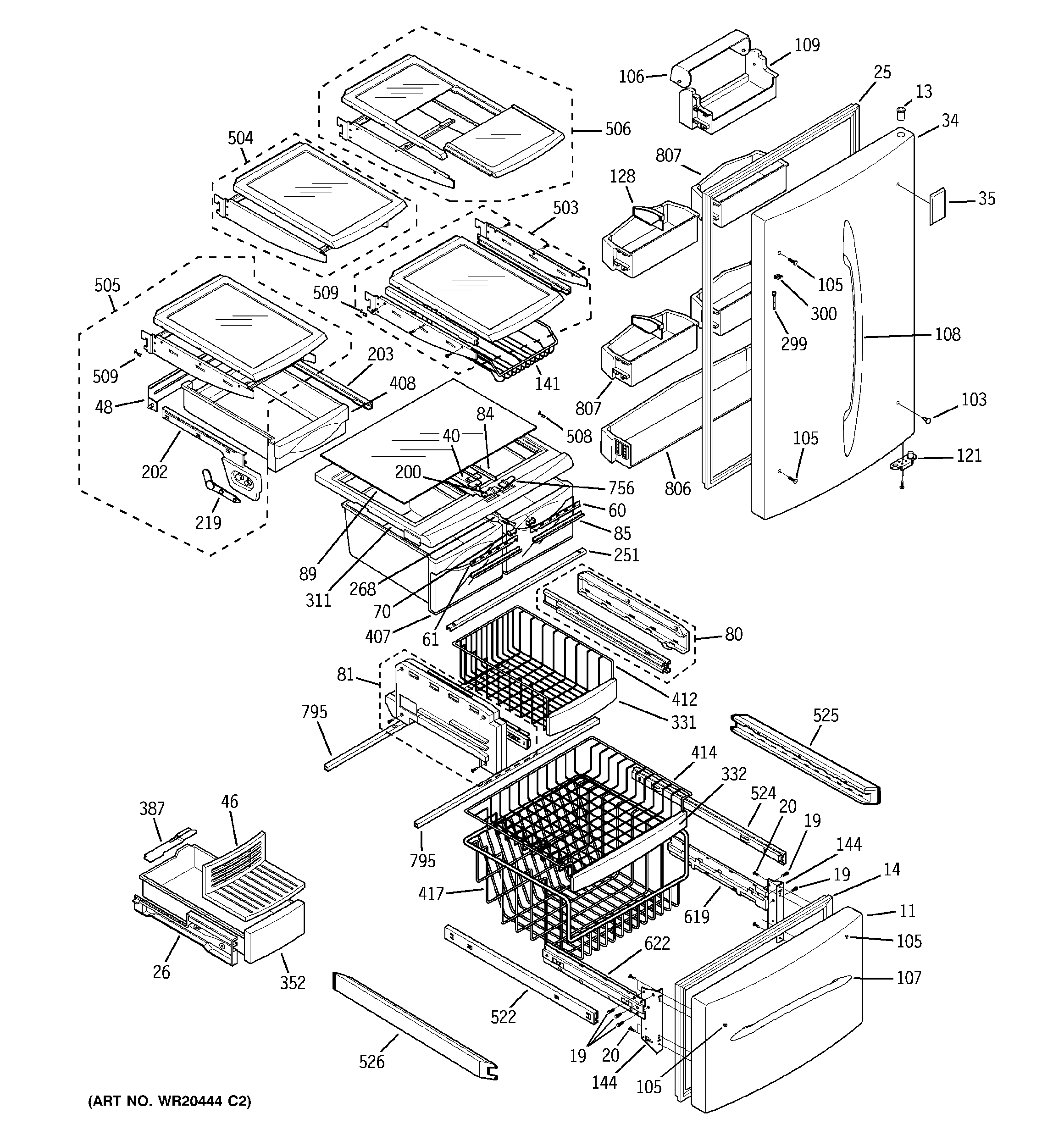 GE PDF22MFWCWW doors & shelves diagram