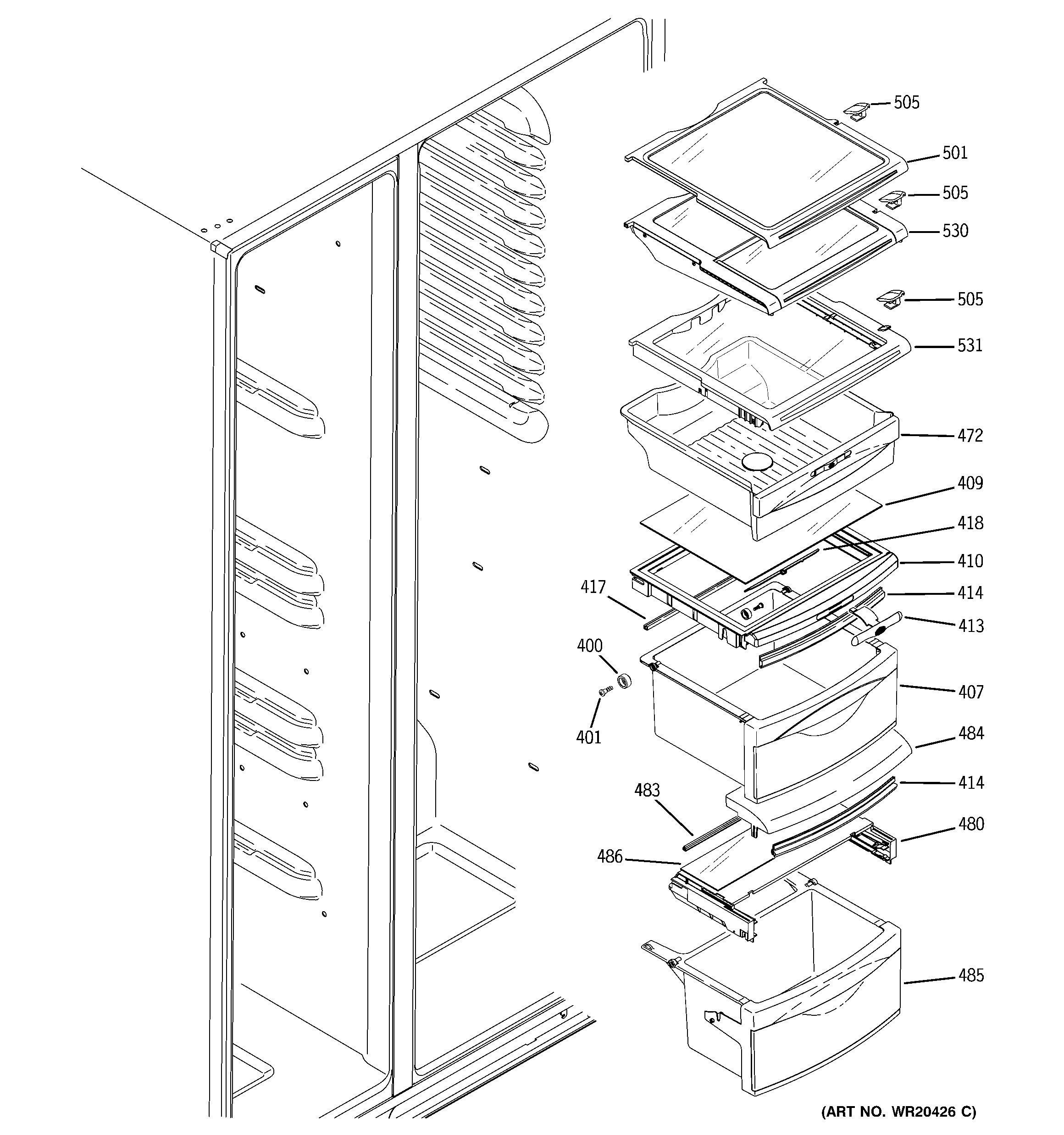 GE ESHF5MGXBEWW fresh food shelves diagram