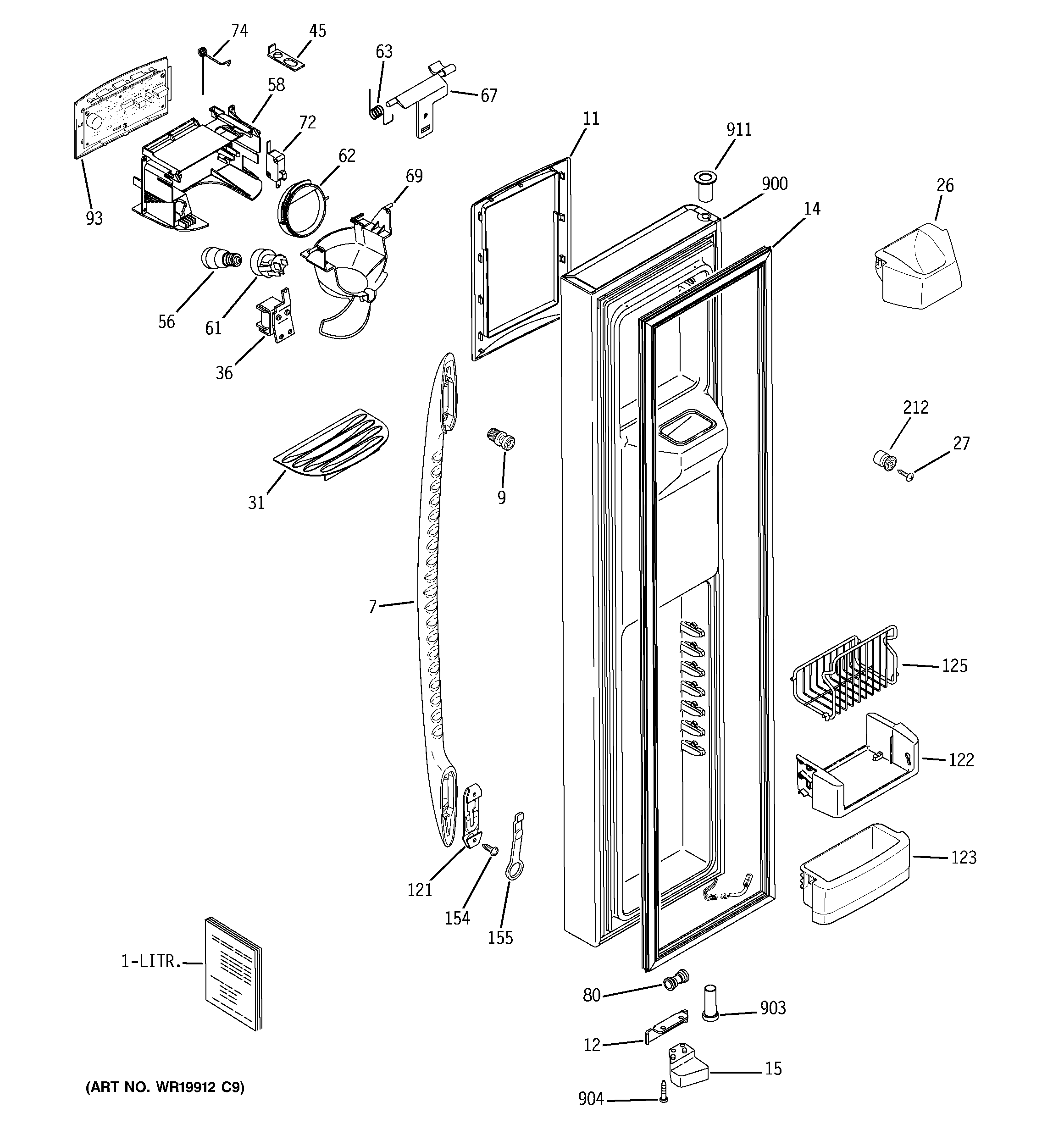 GE PHE25PGTIFBB freezer door diagram
