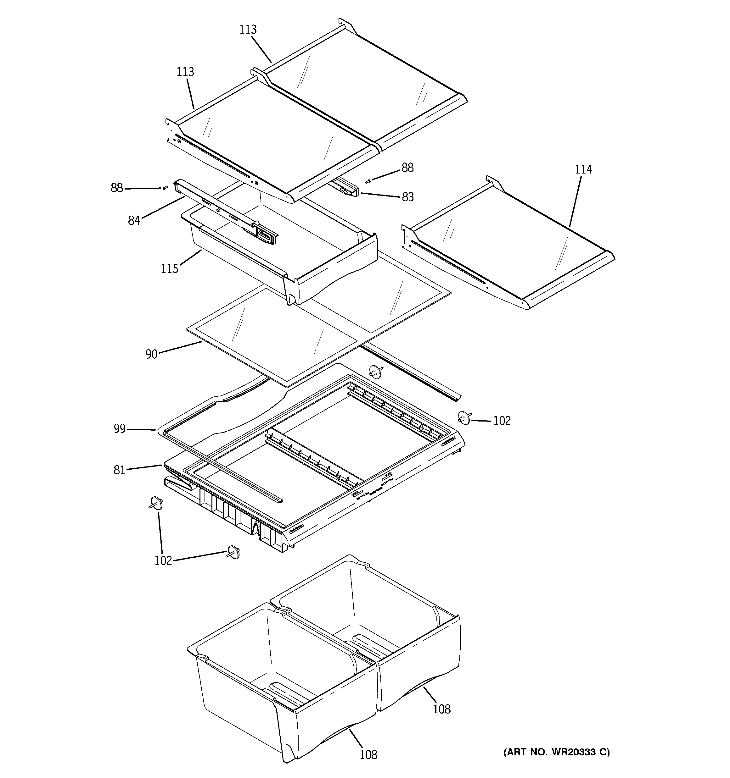 GE GBSC3HBXARBB fresh food shelves diagram