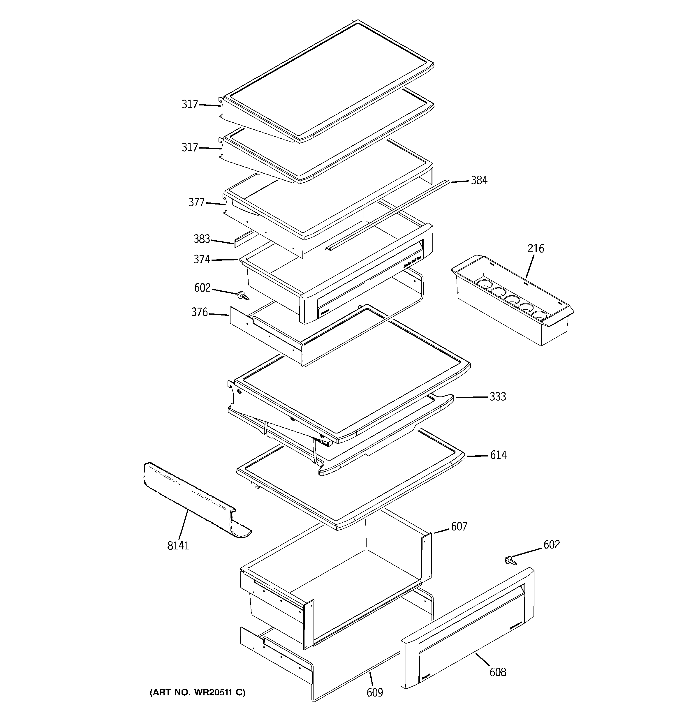 GE ZISS42GDXASS fresh food shelves diagram