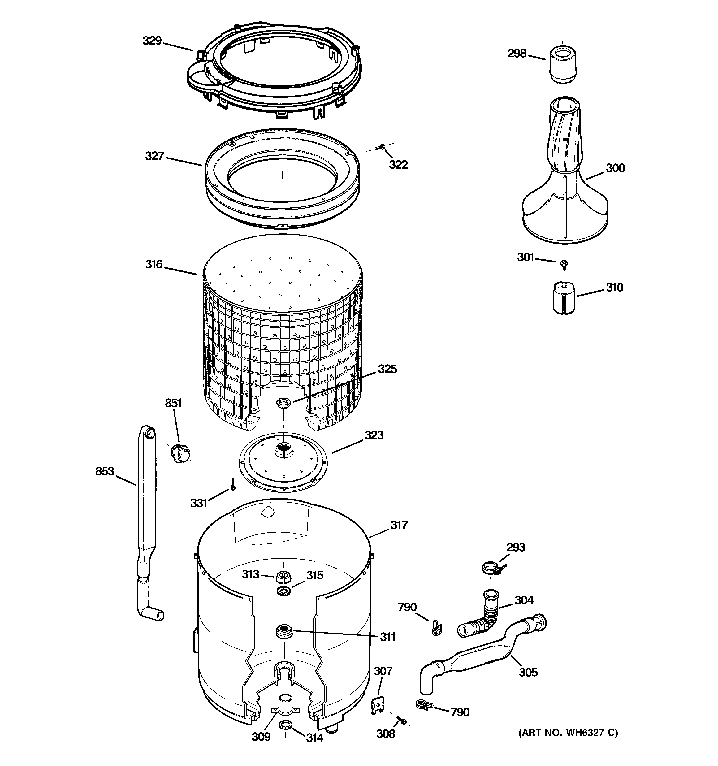GE WBB2090G0WW tub, basket & agitator diagram