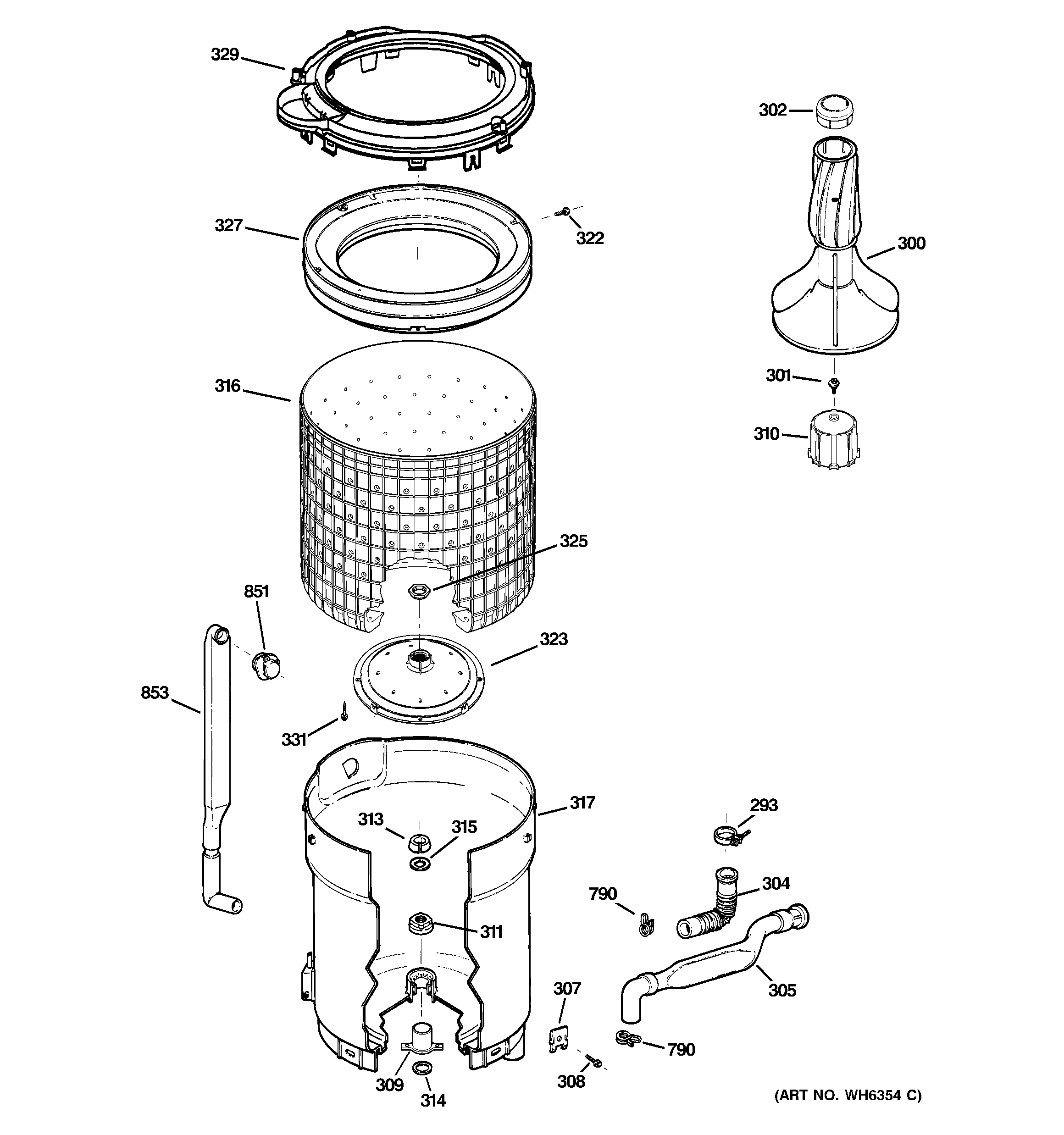 GE WDSR2080G2WW tub, basket & agitator diagram