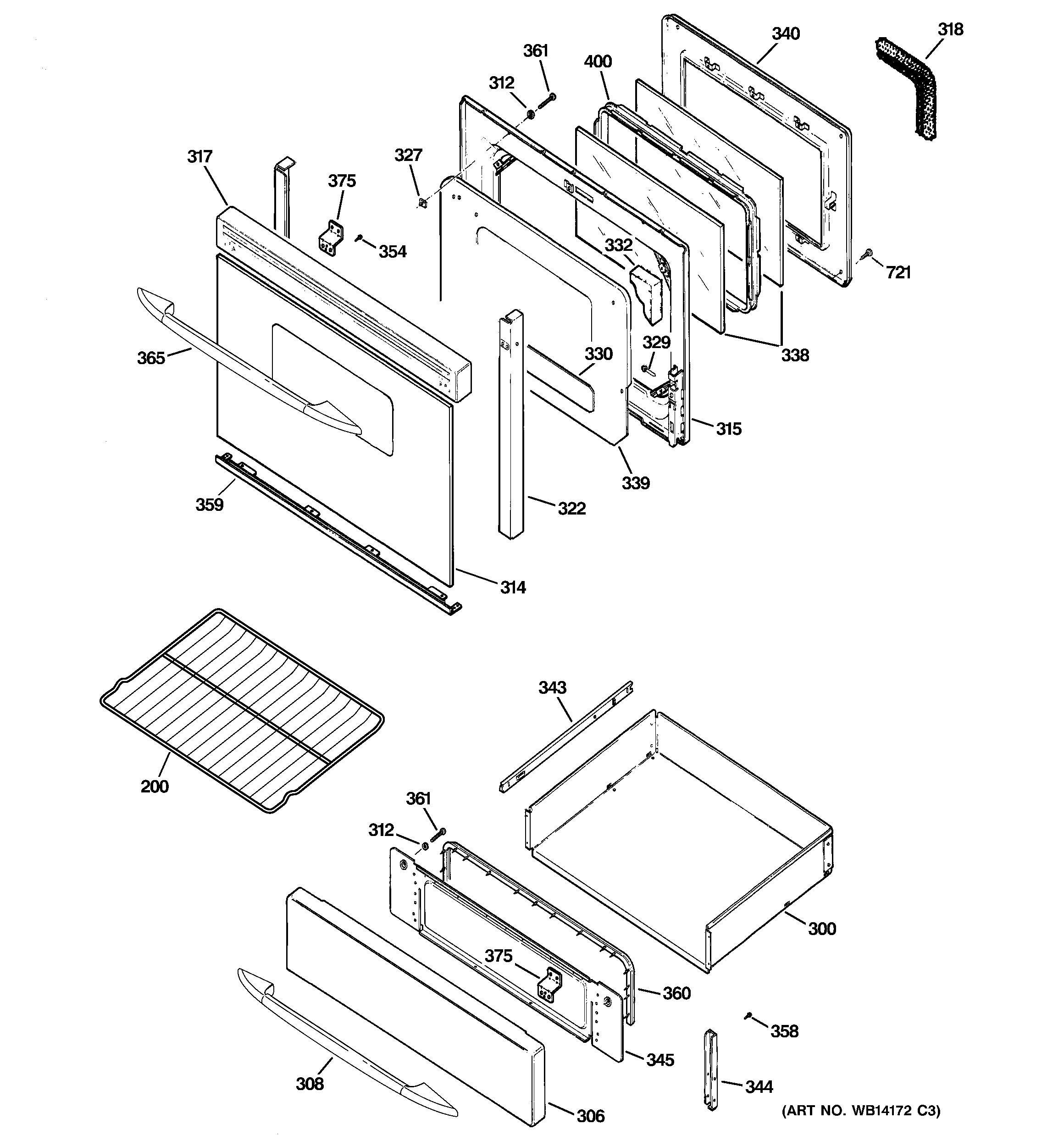 GE JGB908BEK9BB door & drawer parts diagram