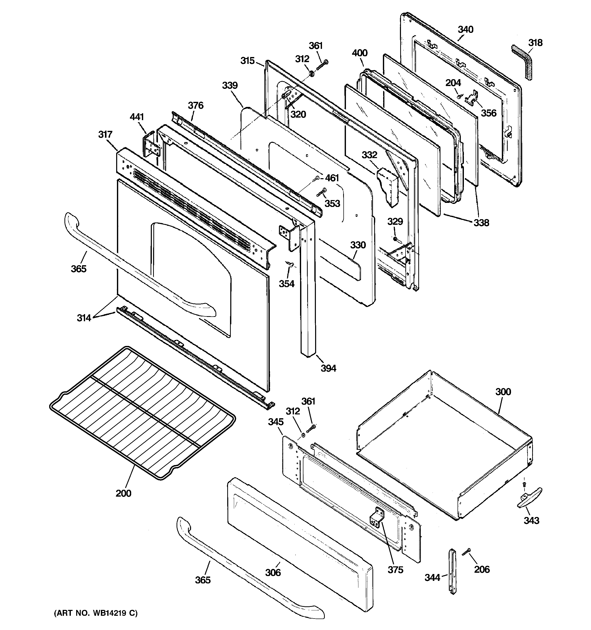 GE JGBP28MEM4BS door & drawer parts diagram