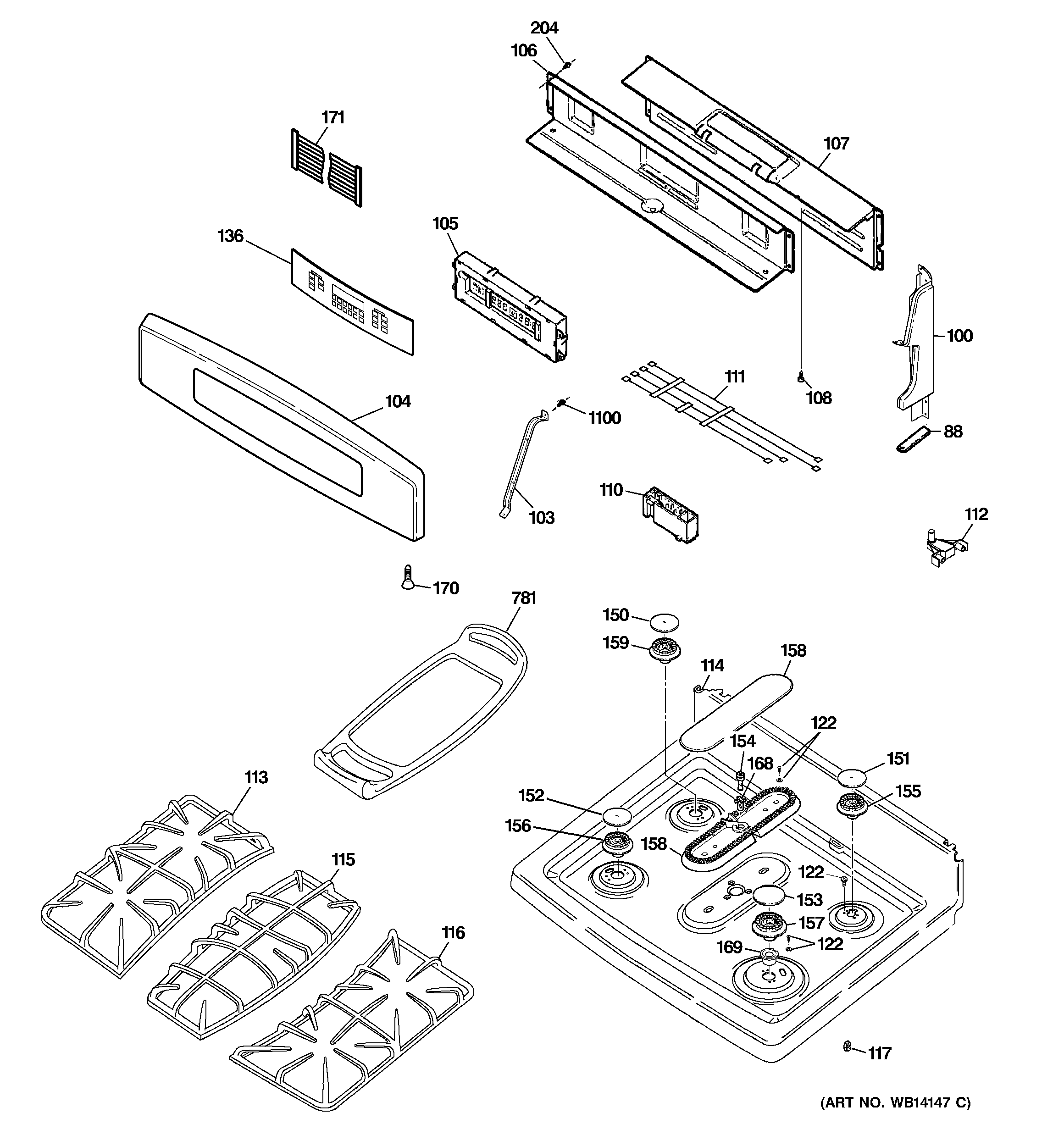 GE PGB918DEM2WW control panel & cooktop diagram