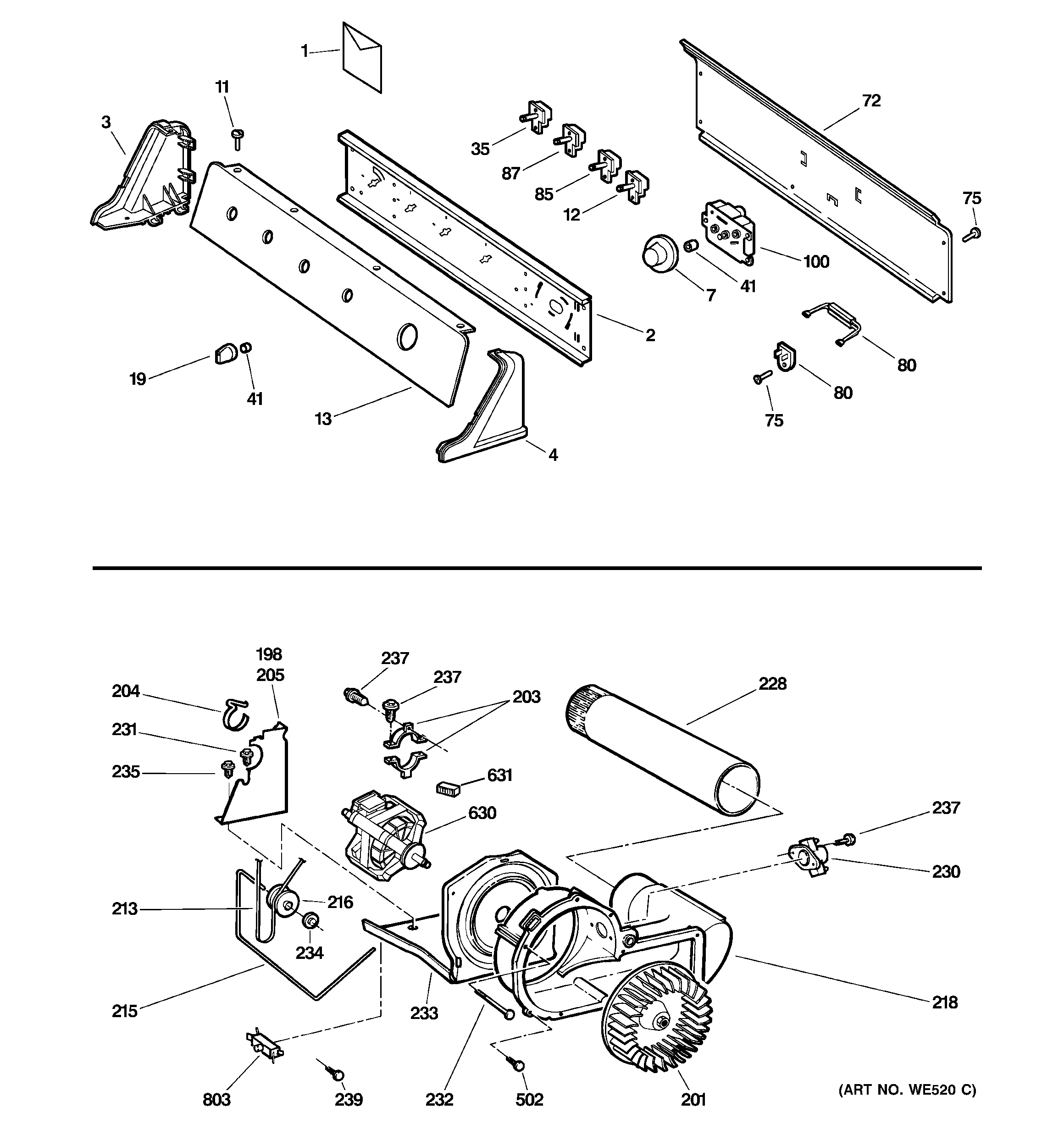GE DISR473DG8WW backsplash, blower & motor assembly diagram