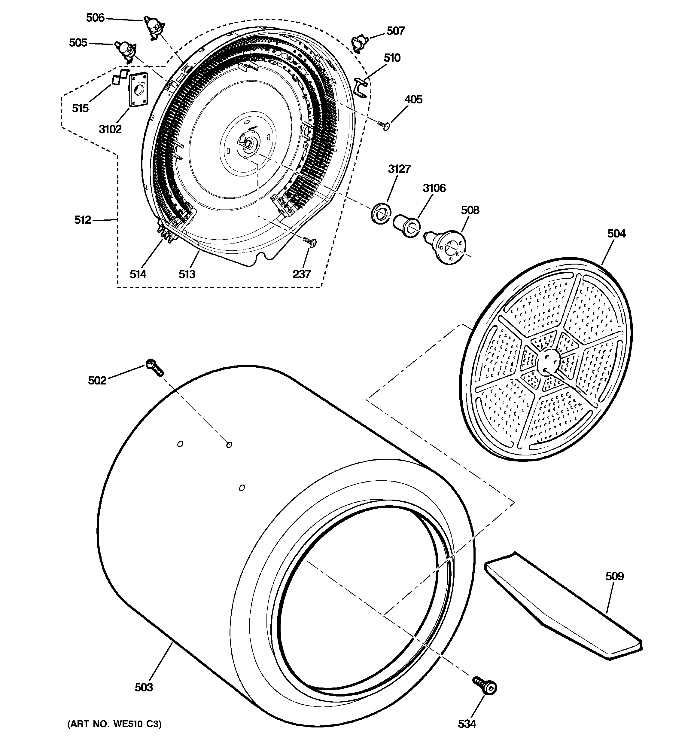 GE DISR473DG8WW drum diagram