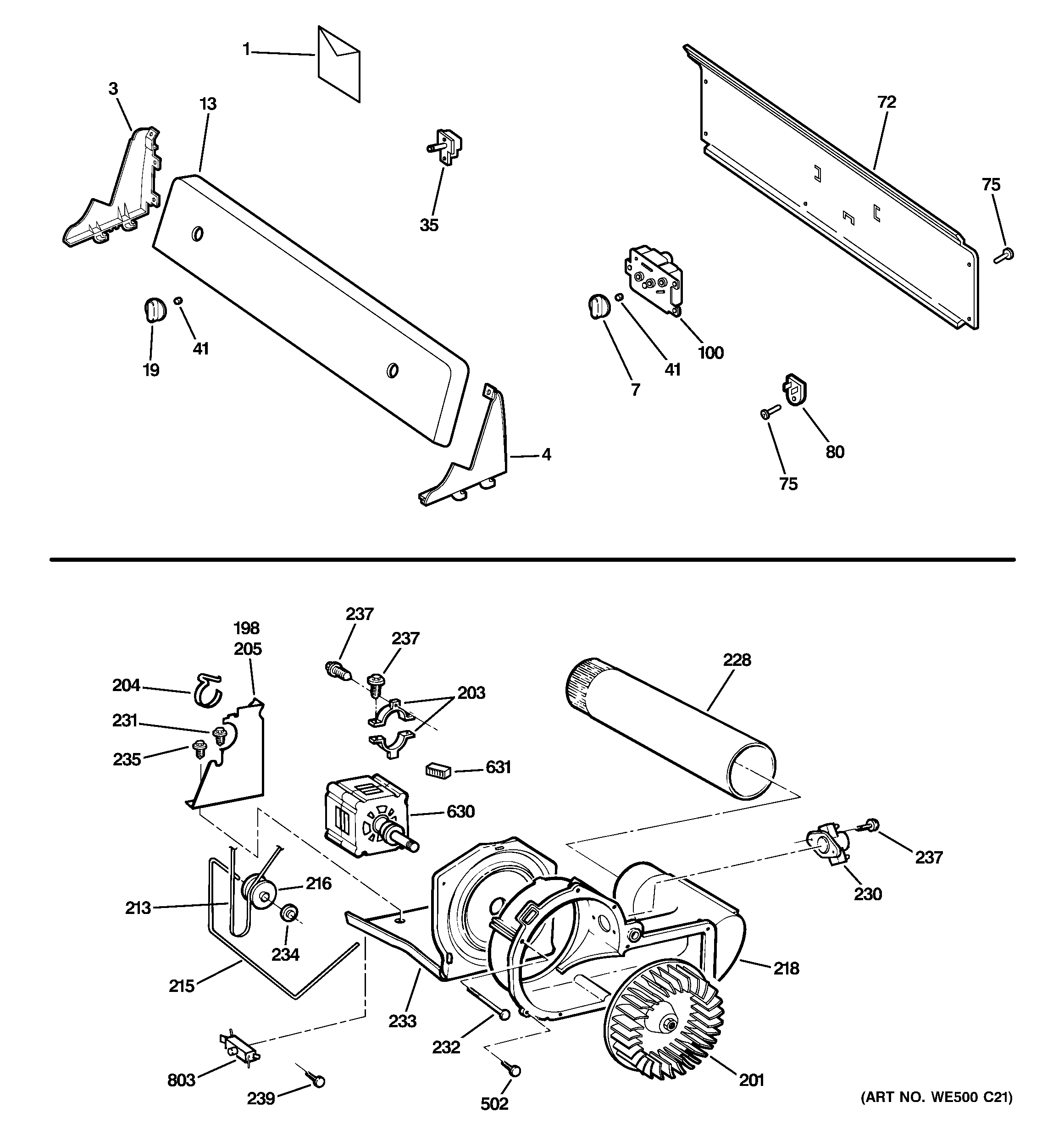 GE DLLLR23EG6WW backsplash, blower & motor assembly diagram