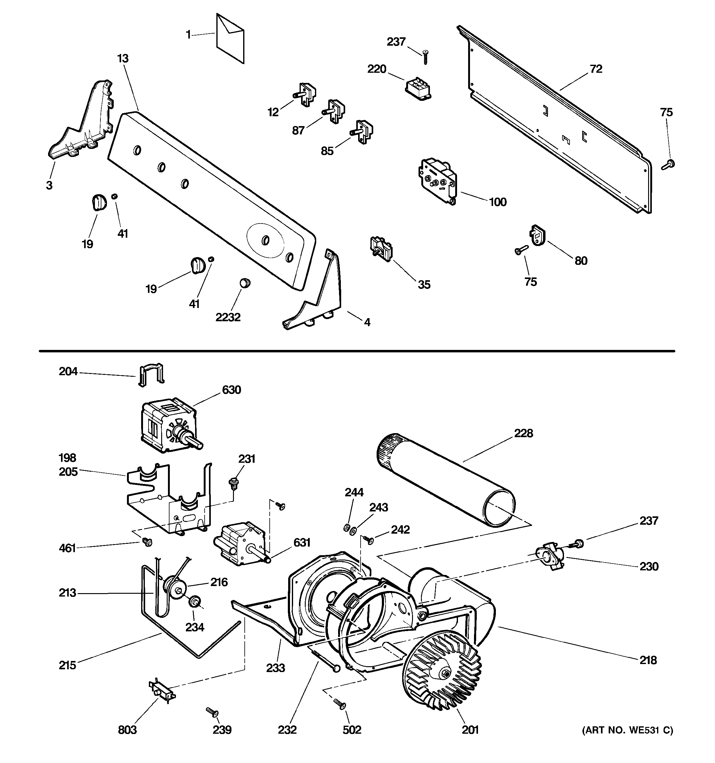 GE DSLVR48EH2WW backsplash, blower & motor assembly diagram