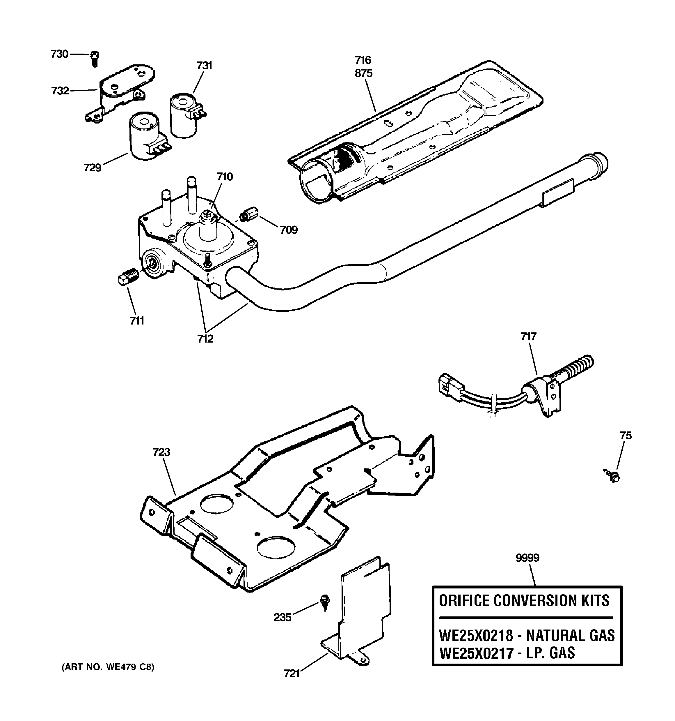 GE DWXR483GG6WW gas valve & burner assembly diagram