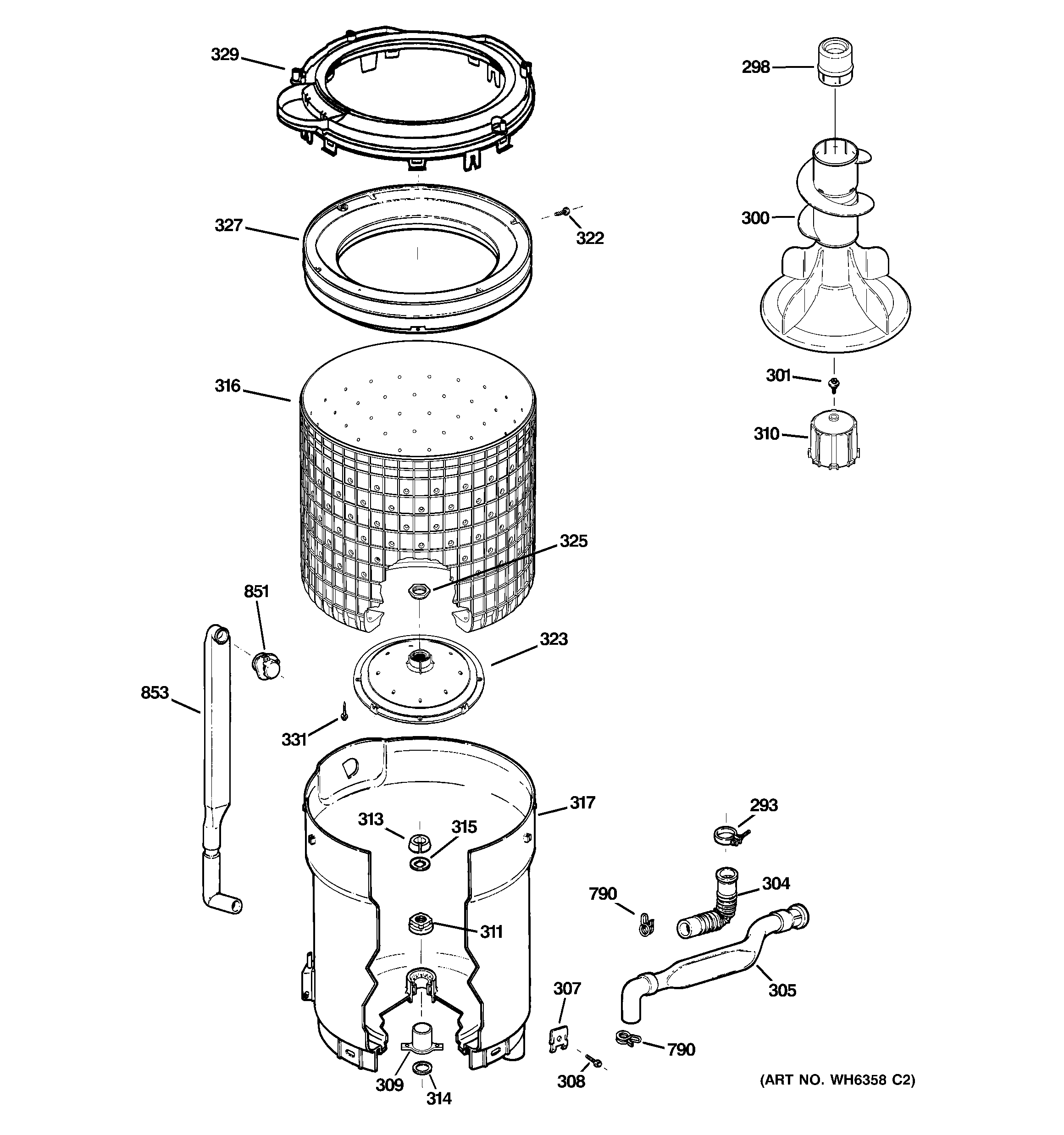 GE GJSR2080H2WW tub, basket & agitator diagram