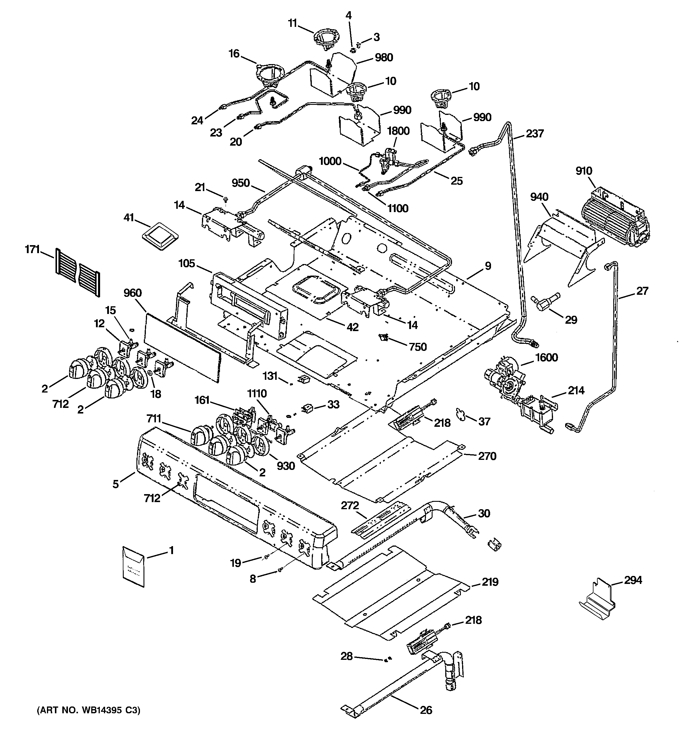 GE CGS980SEM3SS control panel, gas & burner parts diagram