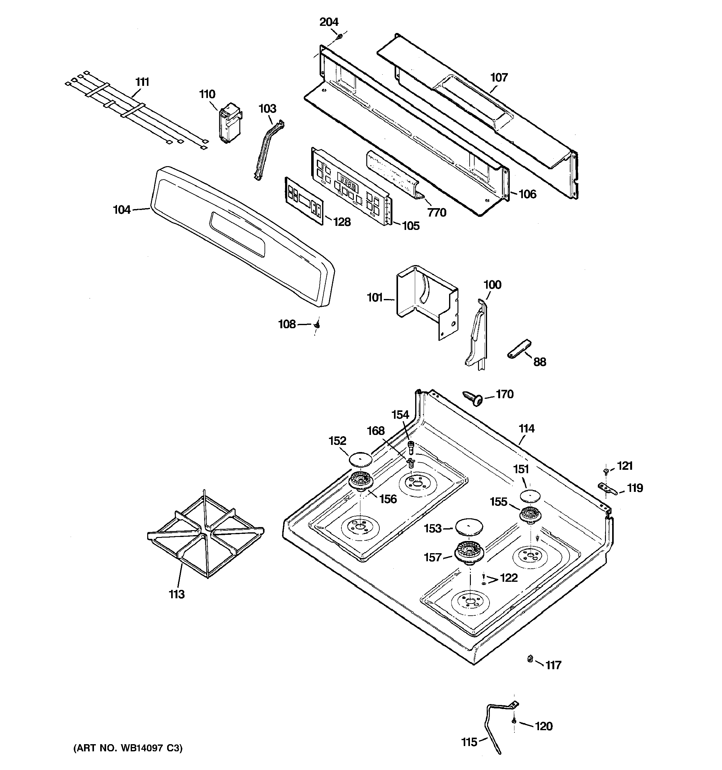 GE JGB280SEN2SS control panel & cooktop diagram