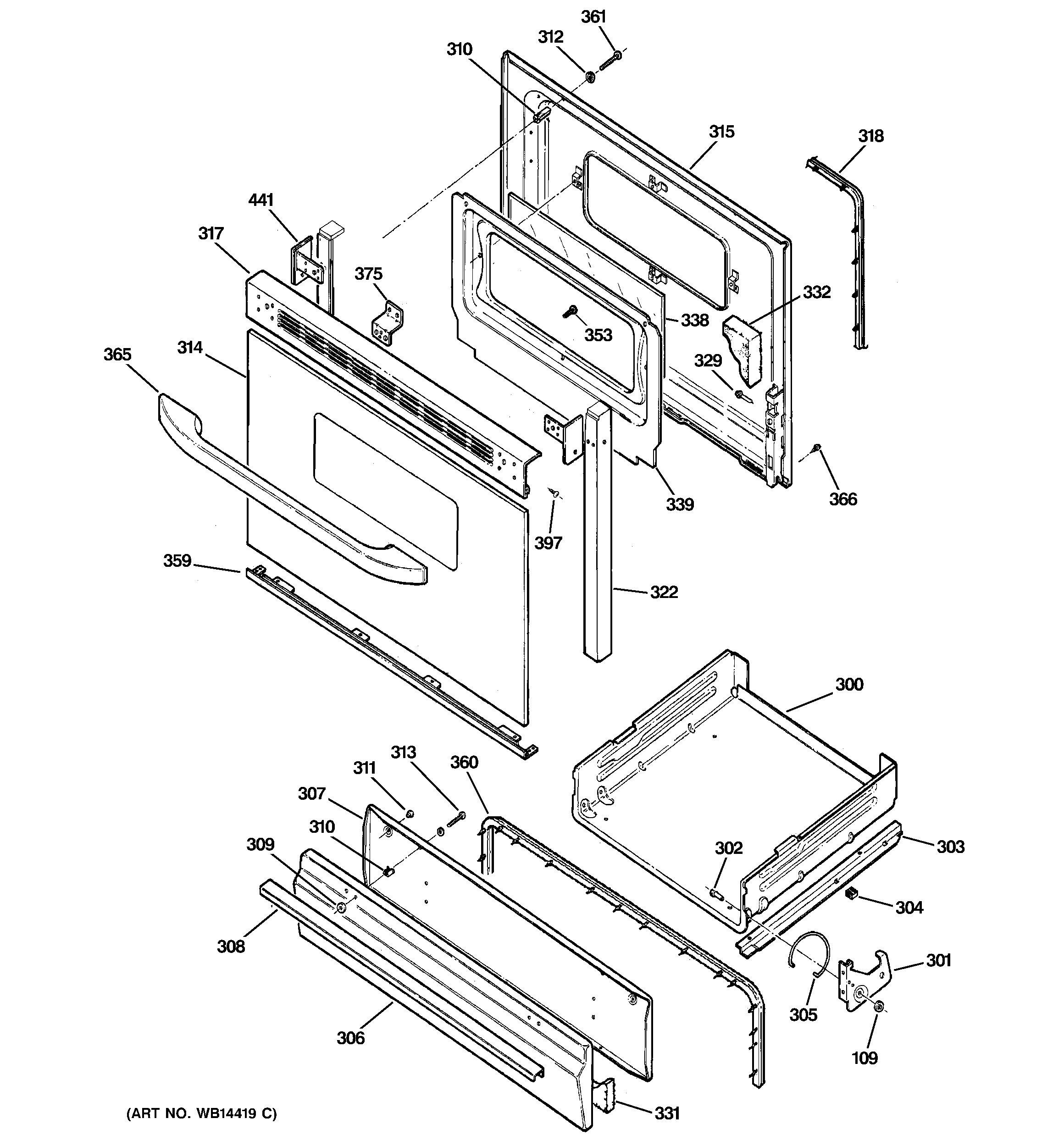 Hotpoint RGB533BEK7BB door & drawer parts diagram