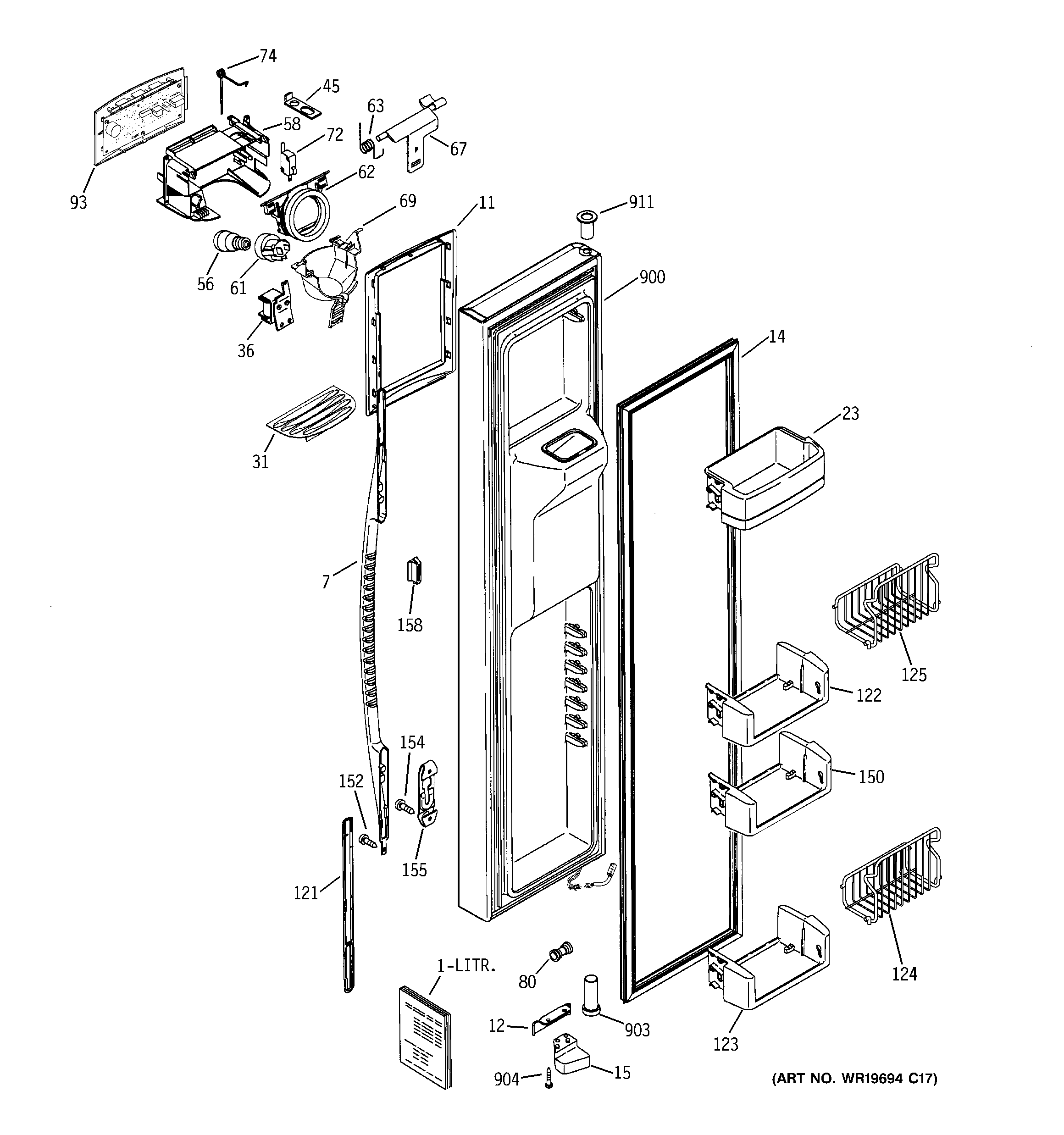 GE PCE23NHTIFBB freezer door diagram