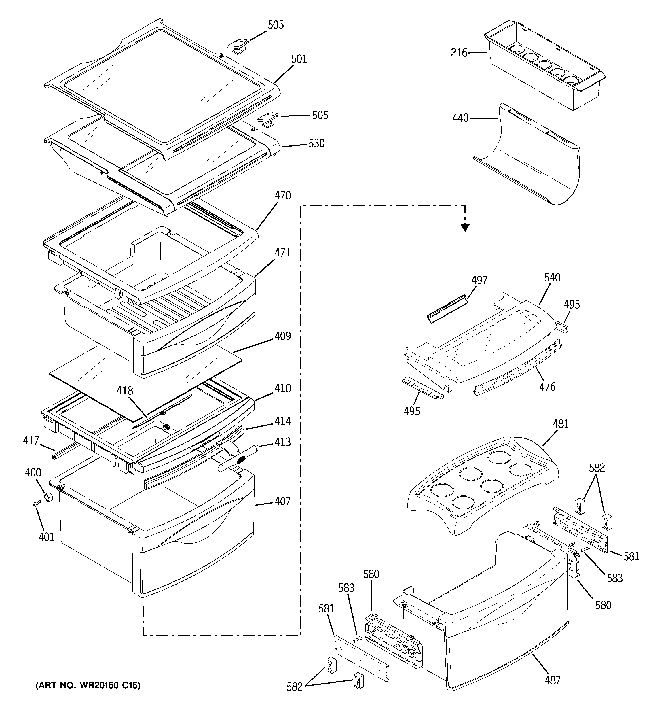 GE PCE23NHTIFBB fresh food shelves diagram