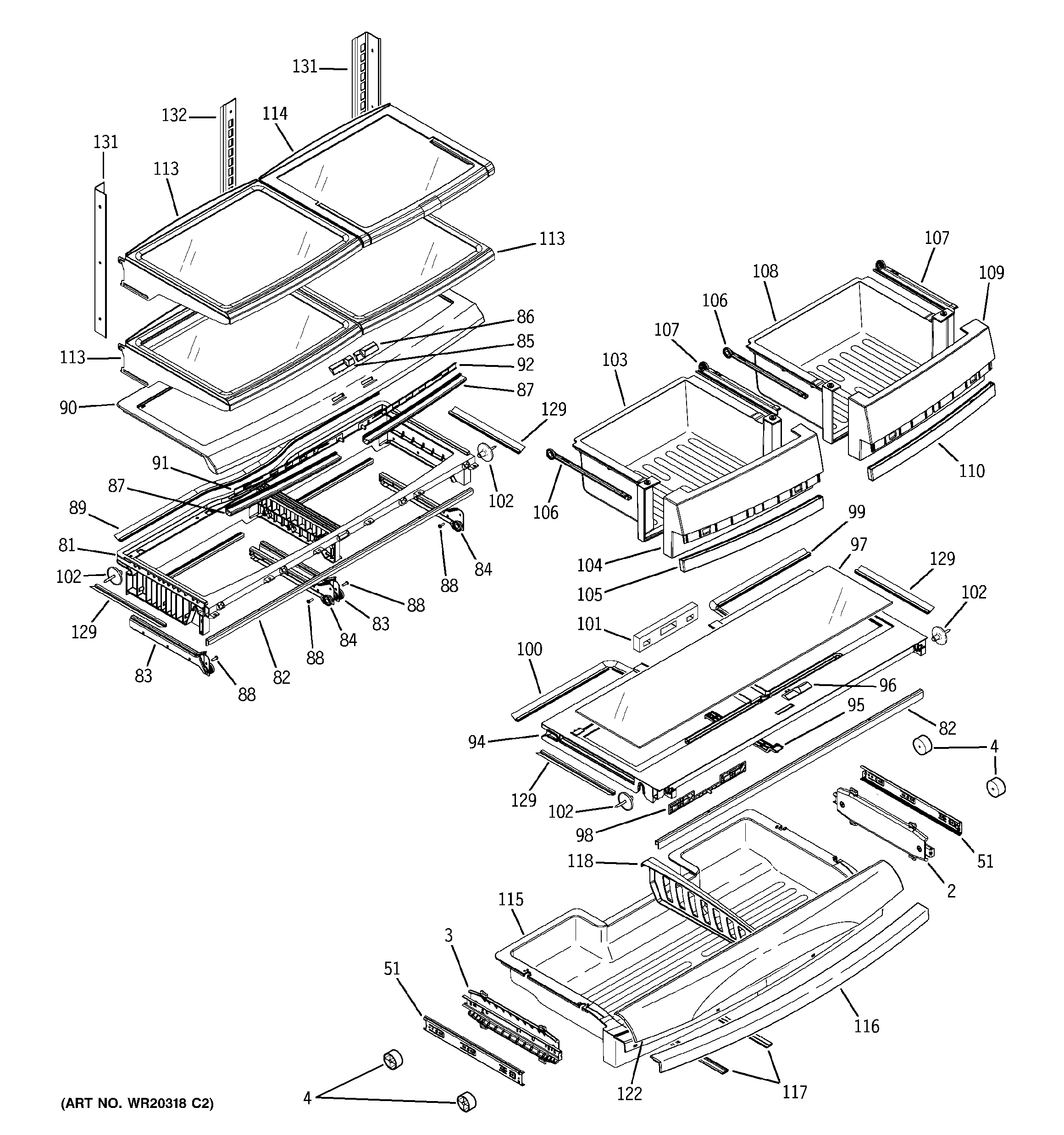 GE PFCF1PJXCBB fresh food shelves diagram