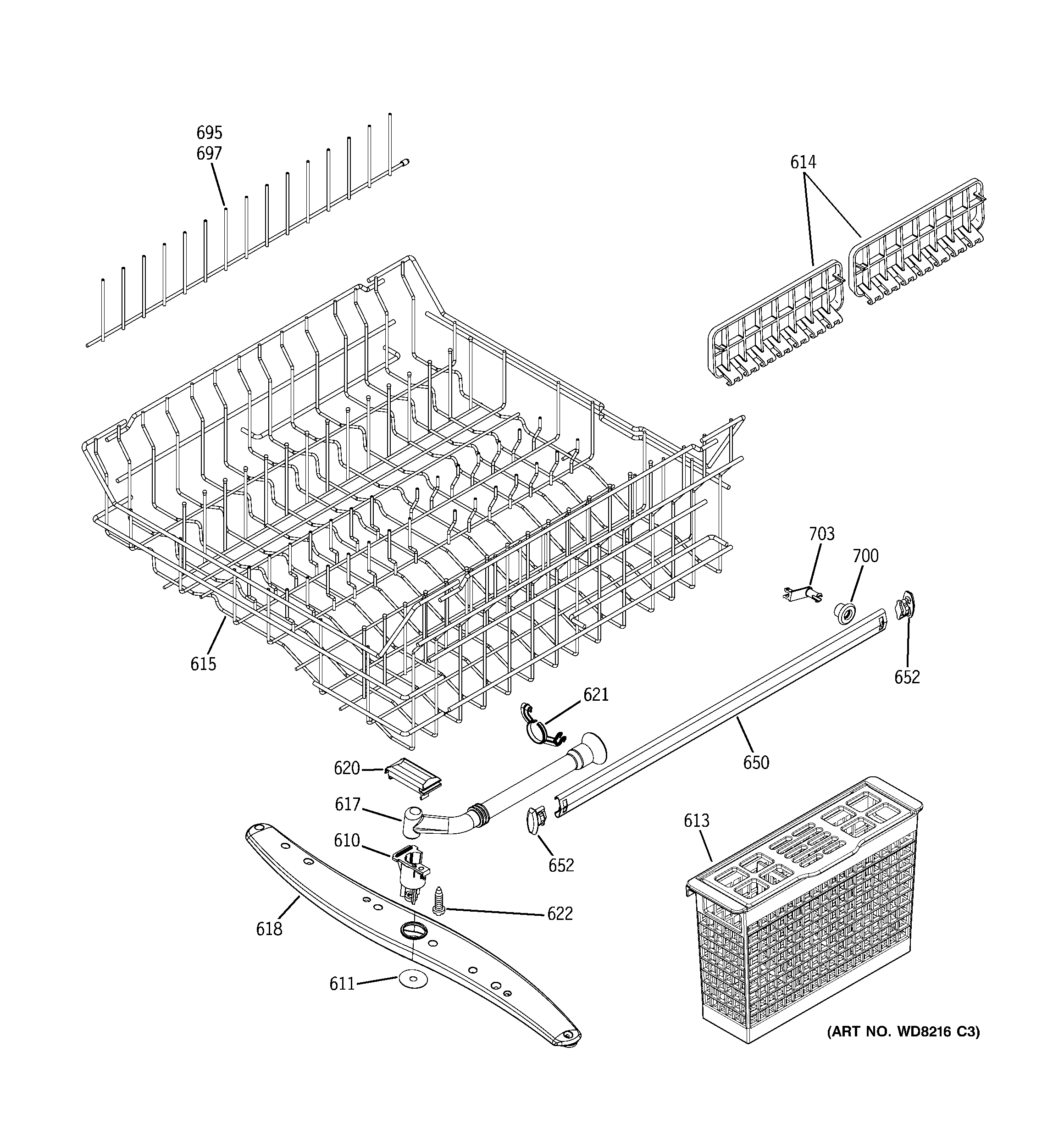 GE GLD4960P00SS upper rack assembly diagram
