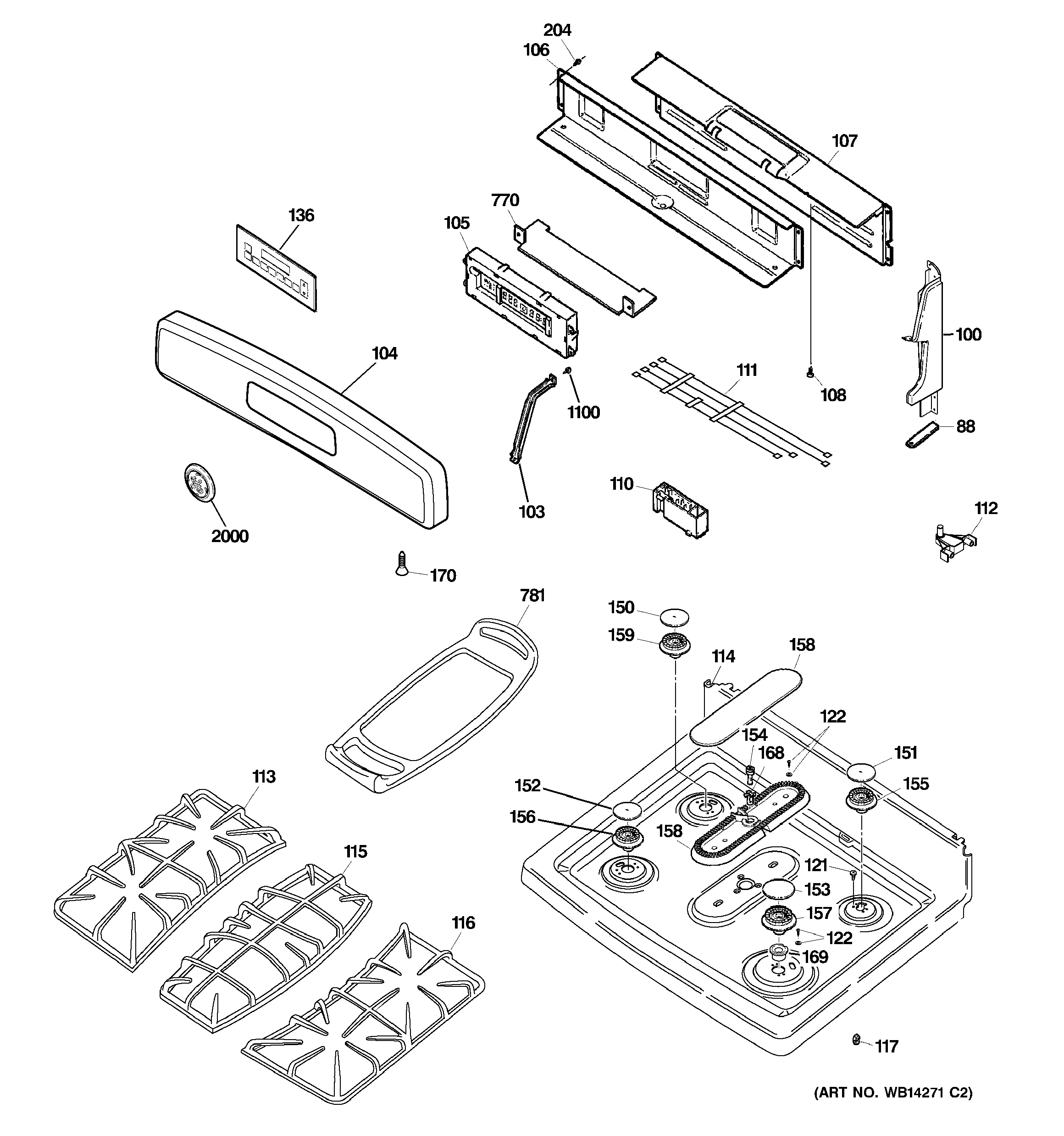 GE JGBP89DEM1WW control panel & cooktop diagram