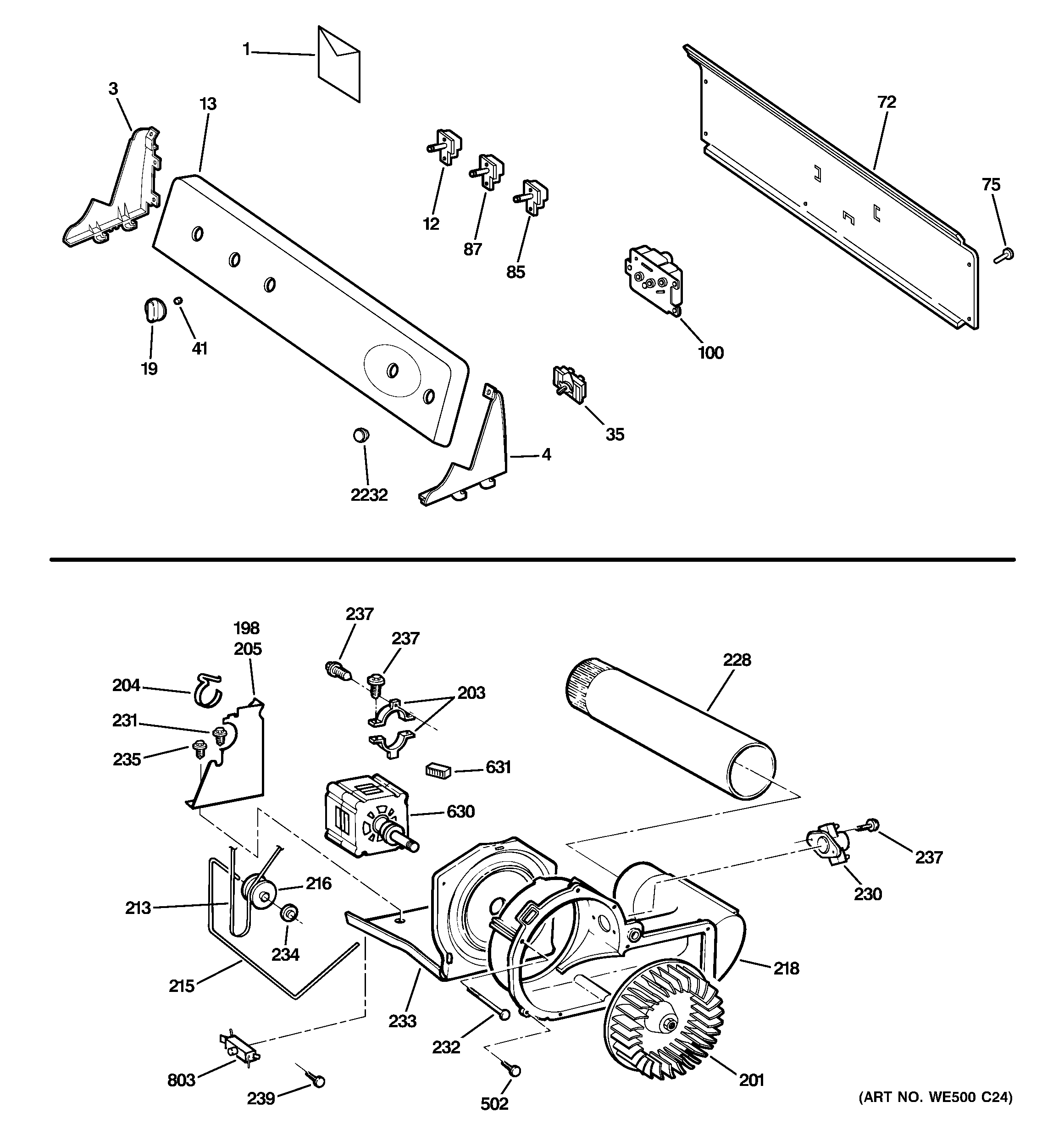 GE DLLSR40GG7WW backsplash, blower & motor diagram
