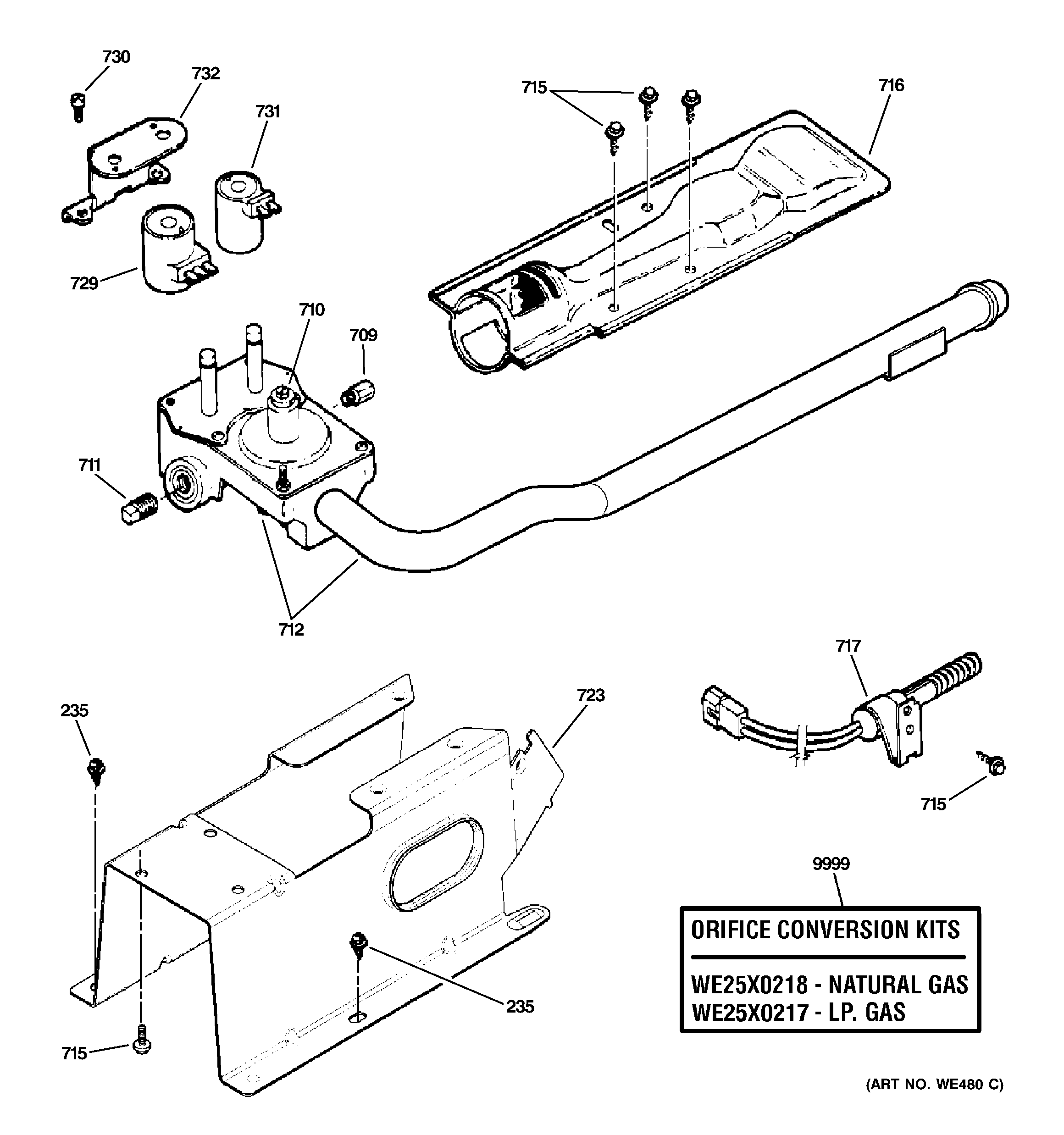 GE DLLSR40GG7WW gas valve & burner assembly diagram