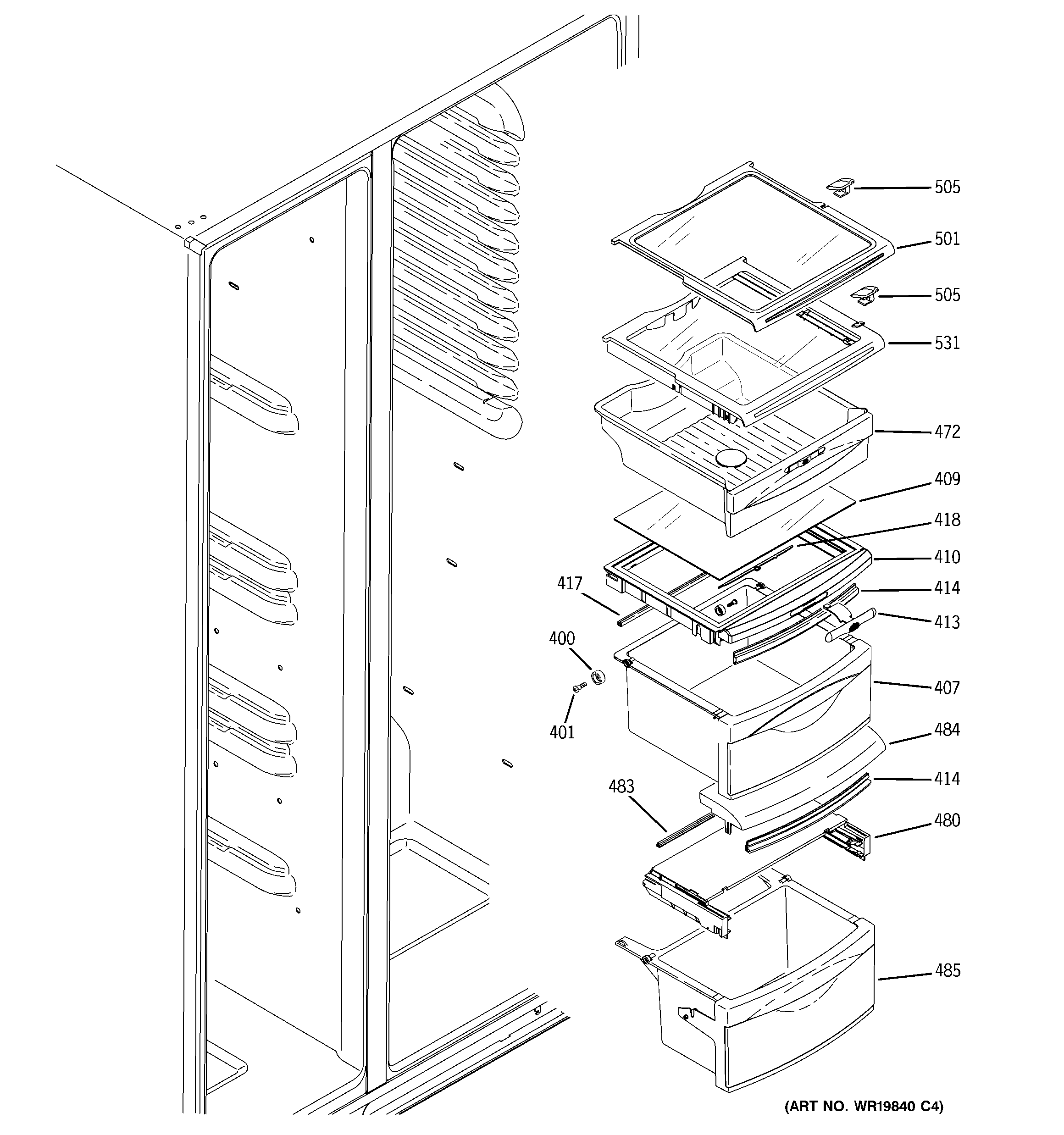 GE GSL25XGWCSS fresh food shelves diagram