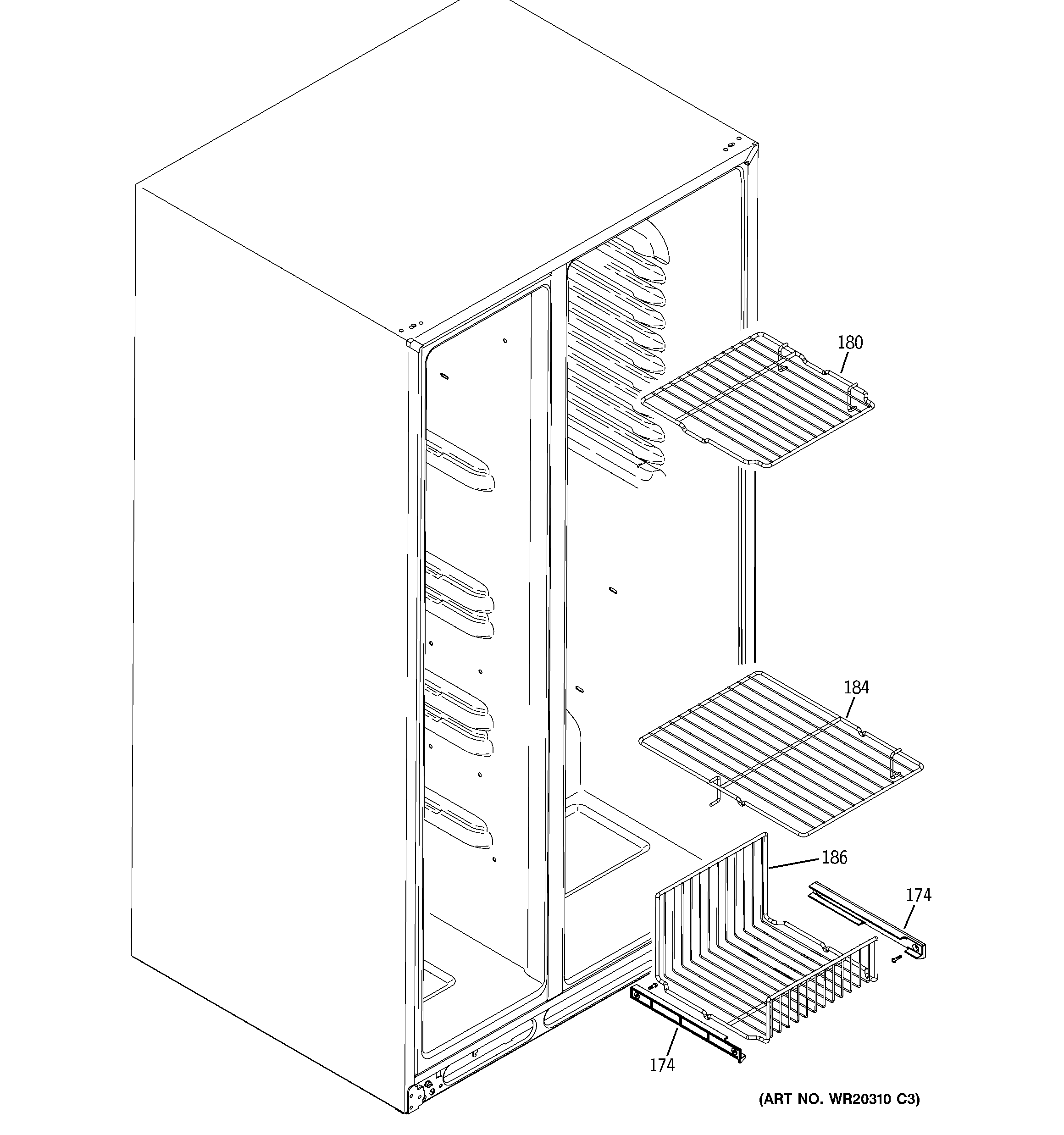 GE GSS23WGTJBB freezer shelves diagram