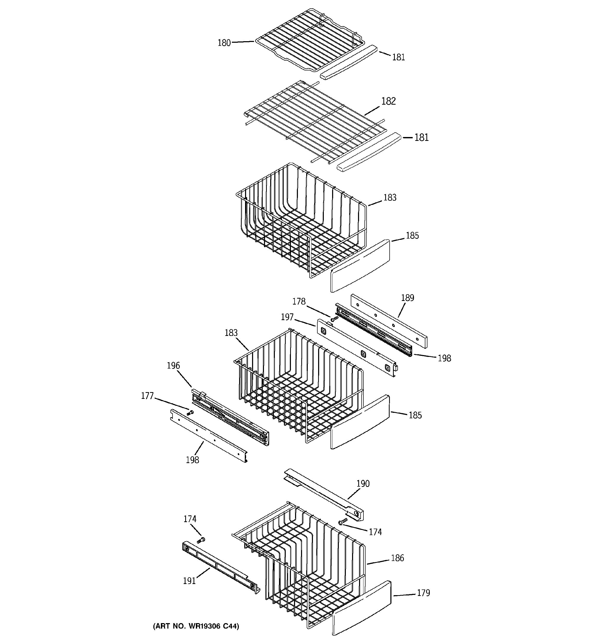 GE PSK25NGWHCWW freezer shelves diagram