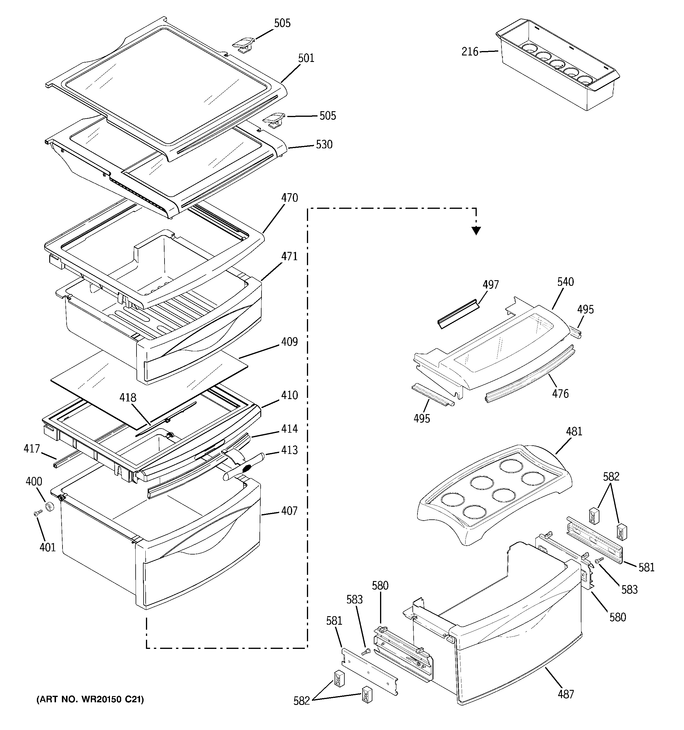 GE PSK27SGWHCSS fresh food shelves diagram