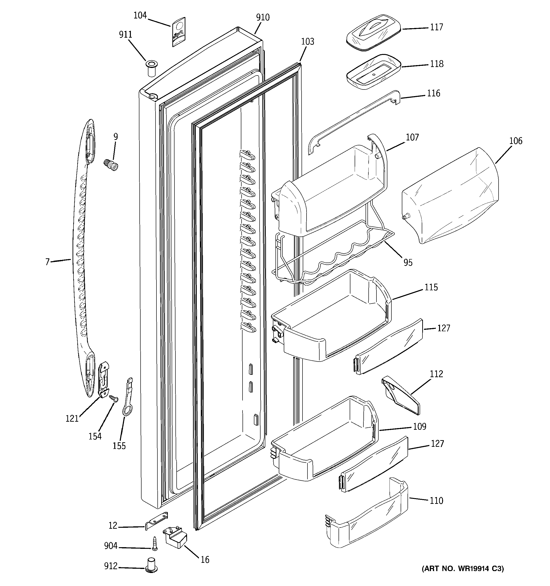 GE PHE25MGTIFBB fresh food door diagram