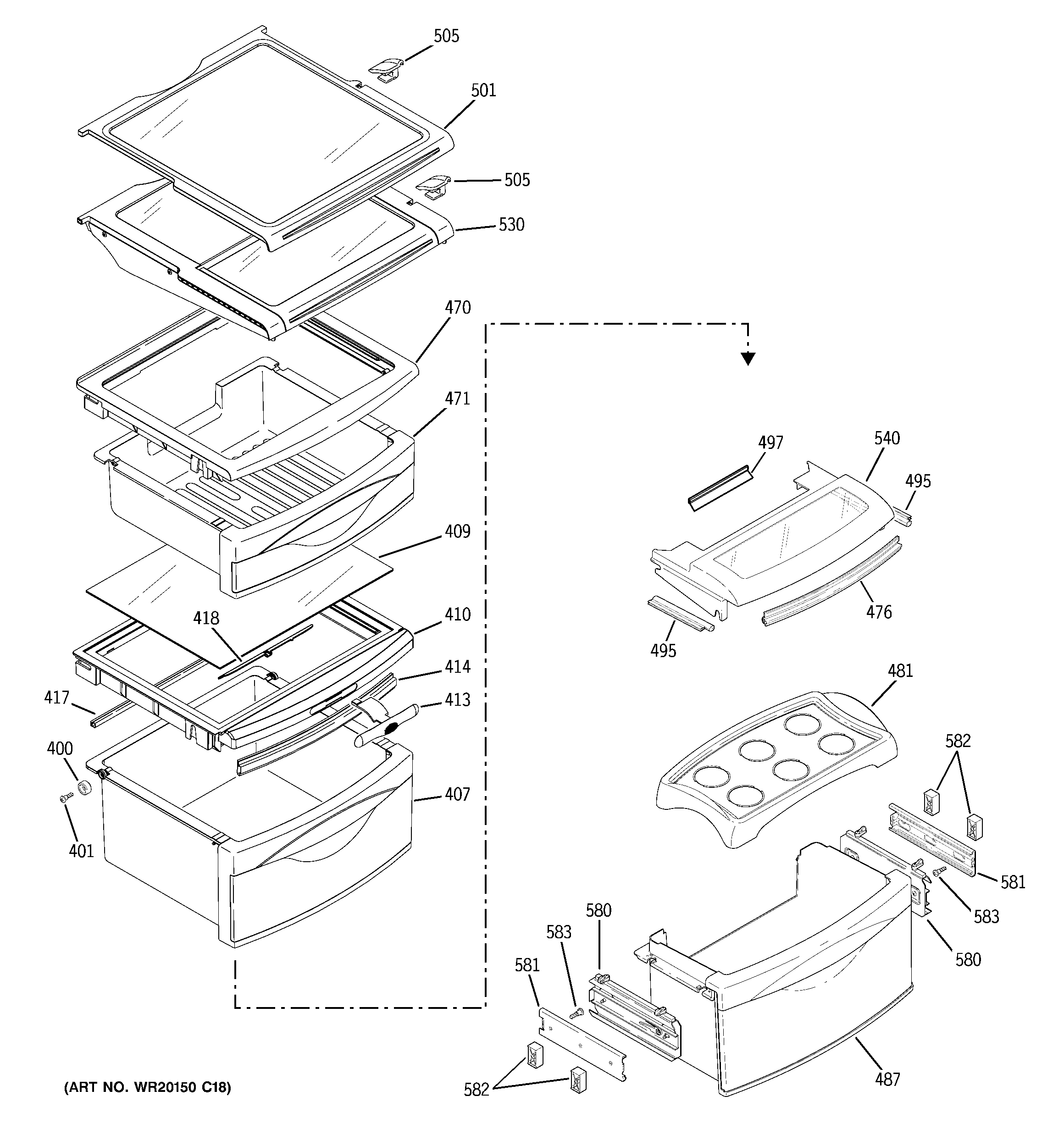 GE PSCF3VGXCFWW fresh food shelves diagram
