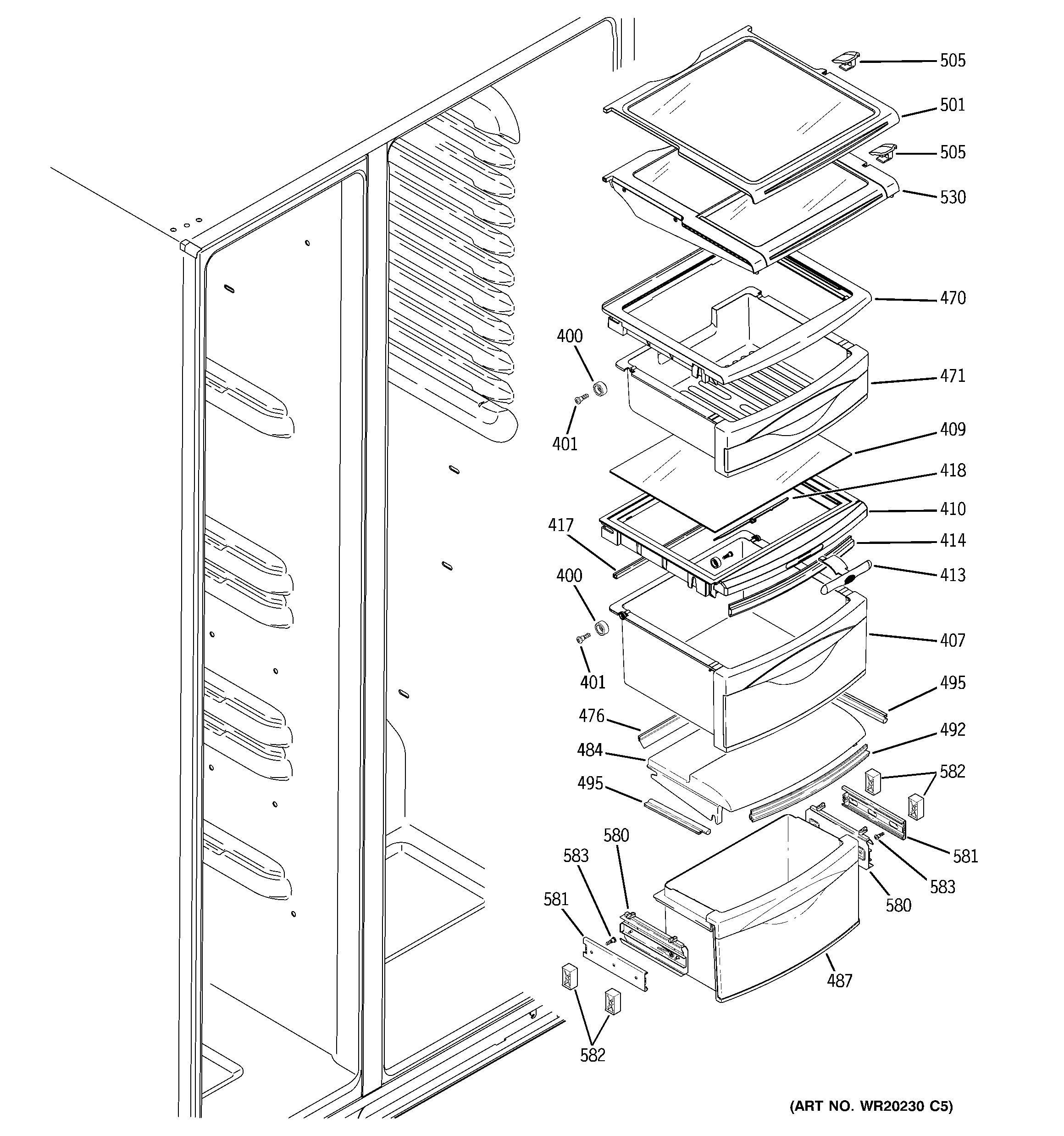 GE PSHF6RGXCDBB fresh food shelves diagram