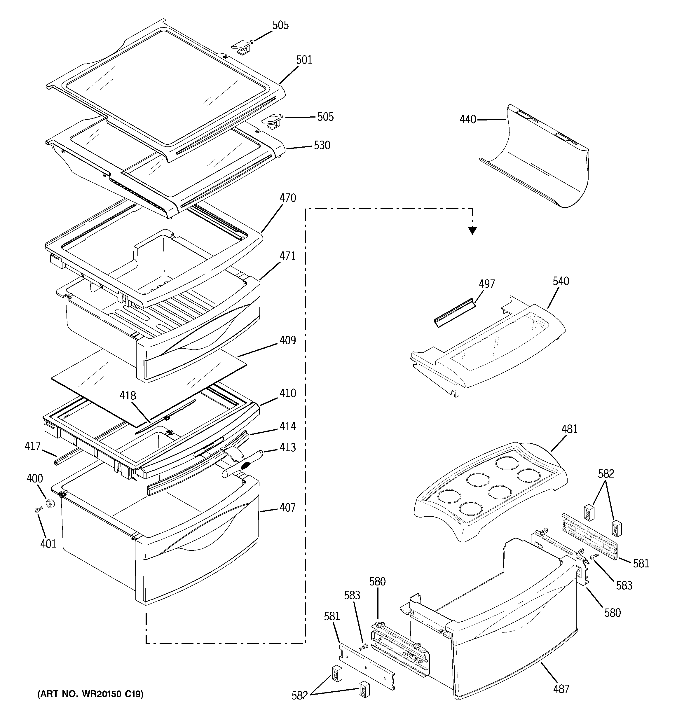 GE PSS26SHTISS fresh food shelves diagram