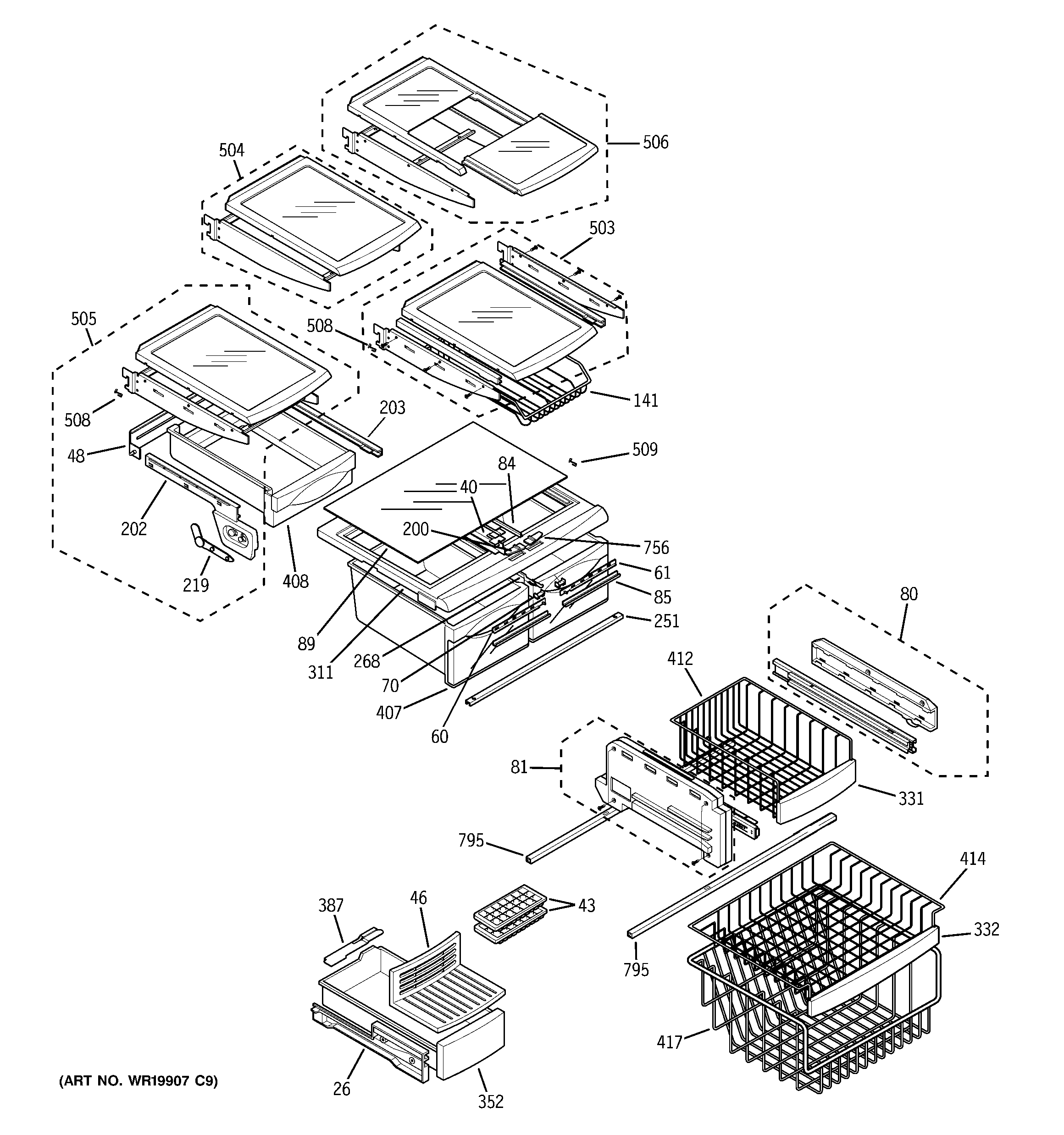 GE PFS22MBWBWW shelves diagram