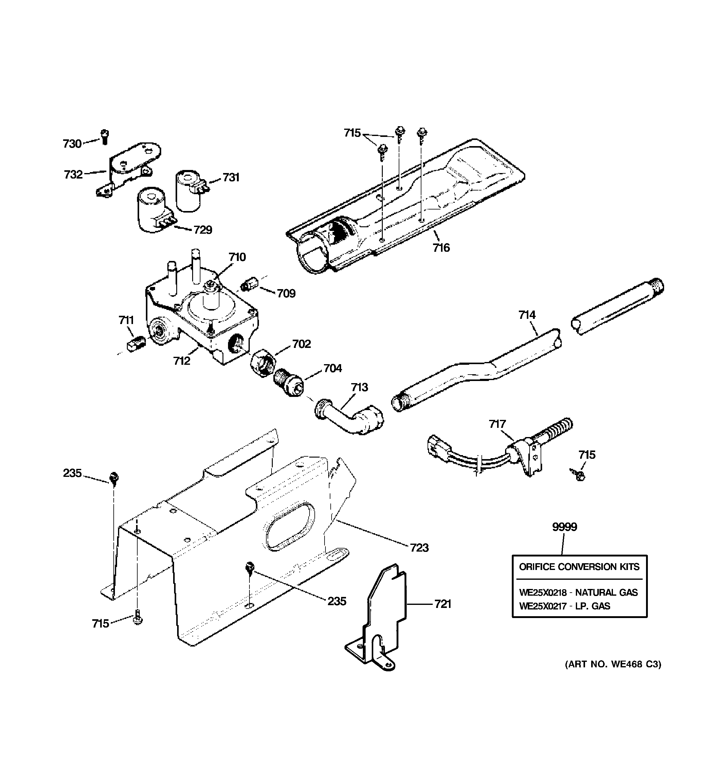 GE DCCB330GG6WC gas valve & burner assembly diagram