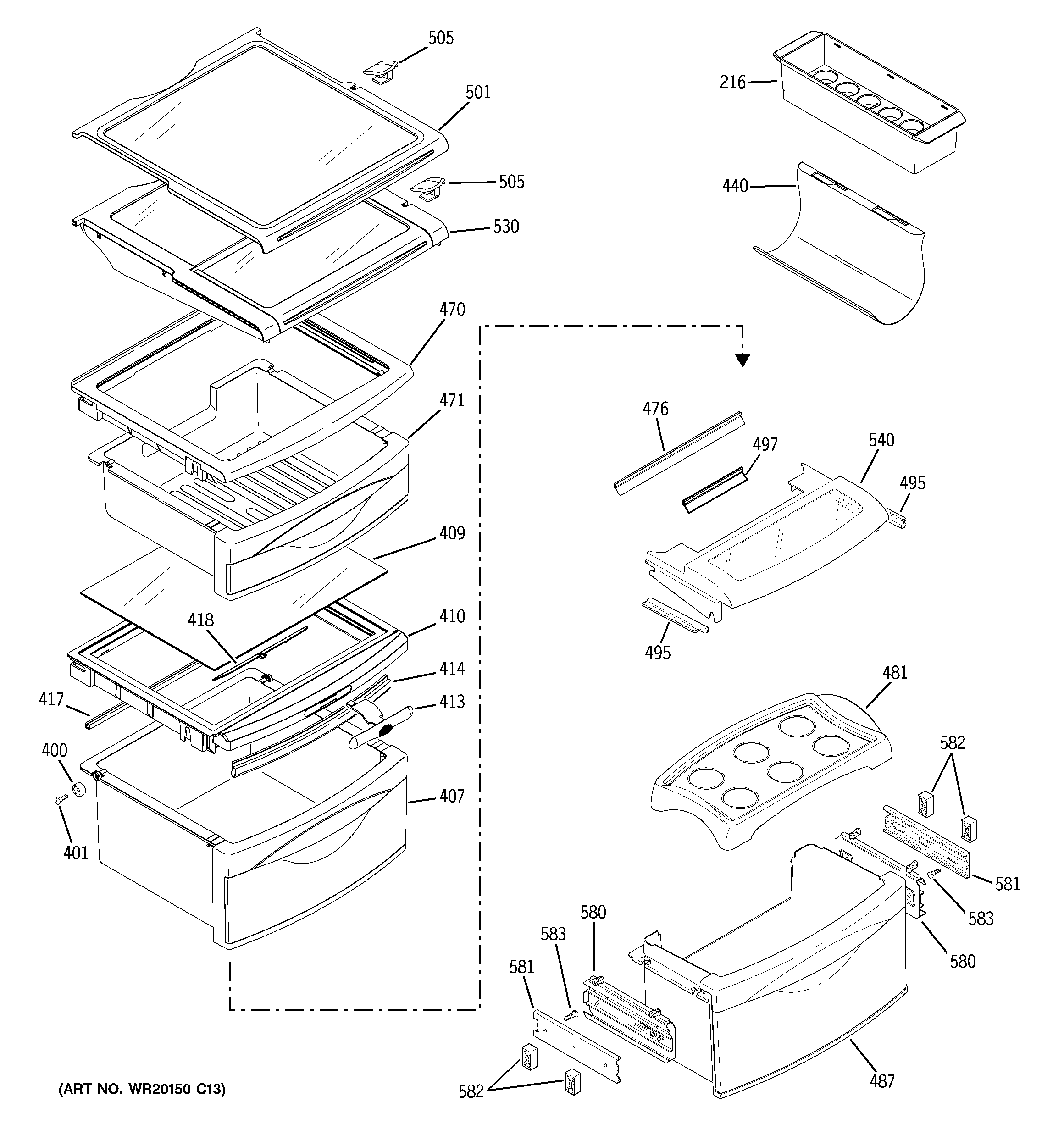 GE PJE25PGTIFSV fresh food shelves diagram