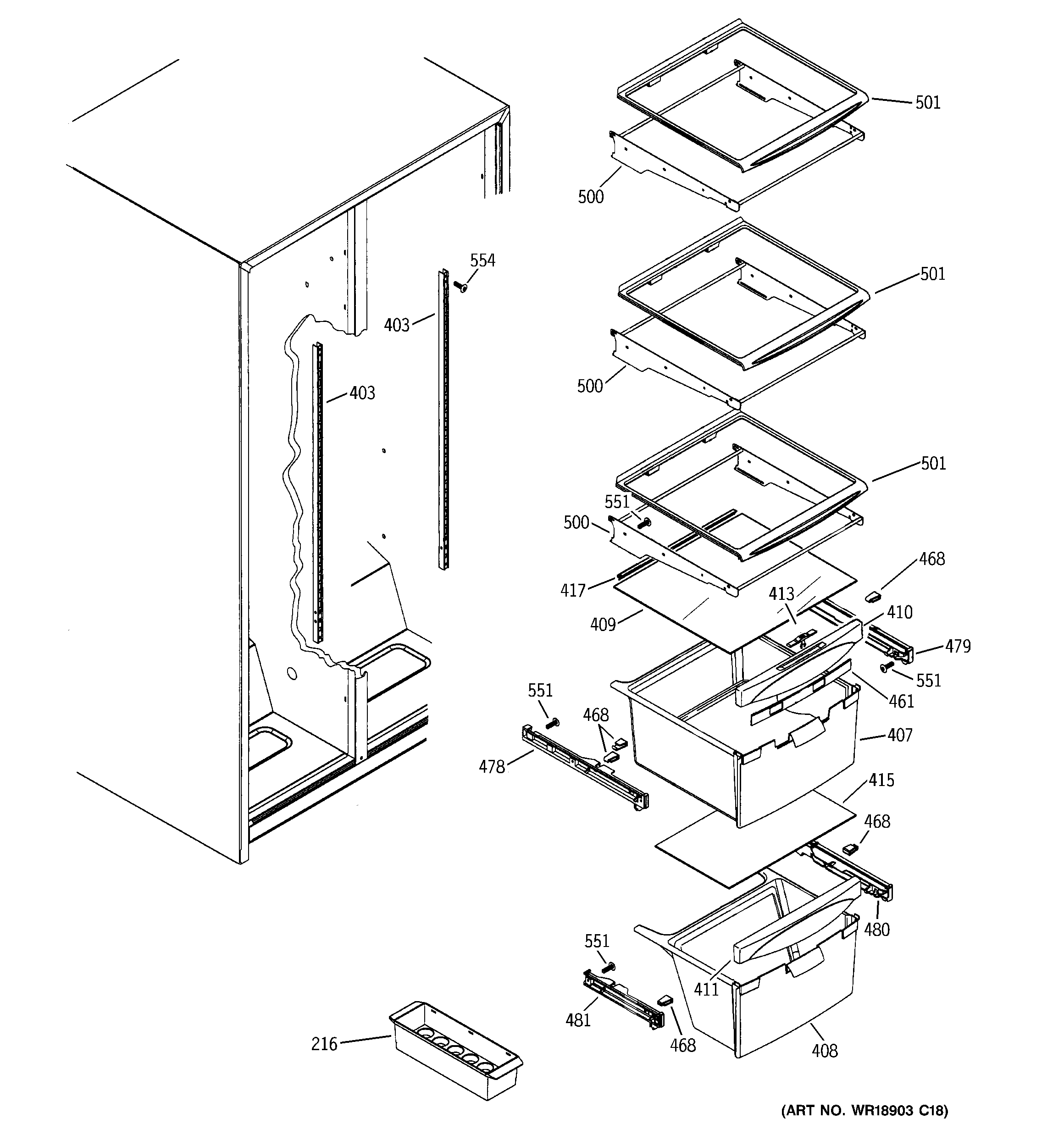 GE GSE22KEWGFSS fresh food shelves diagram